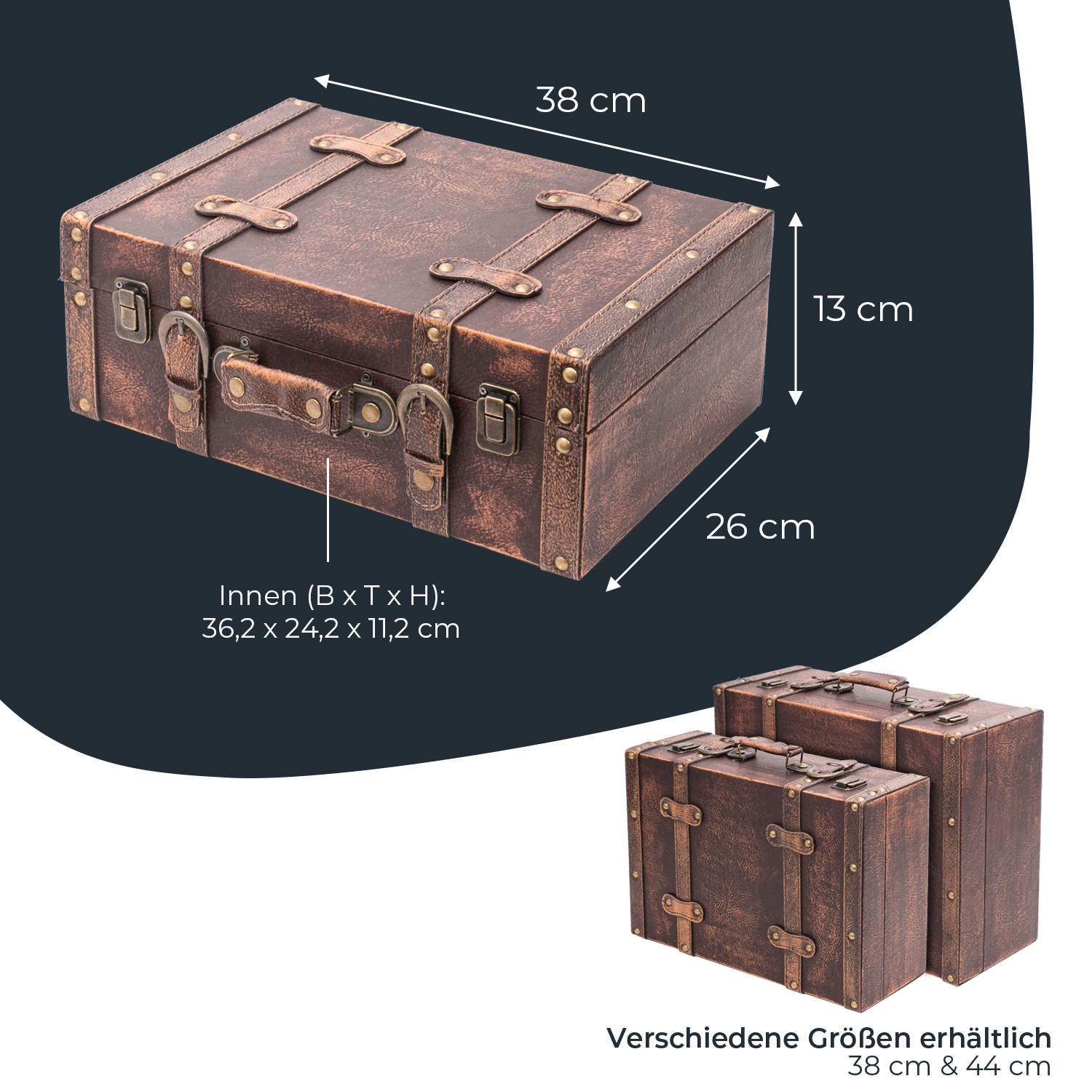 HMF Vintage Deko Koffer aus Holz, Aufbewahrungsbox mit Deckel und Ledergriff, Klassik, 38 x 26 x 13 cm-4