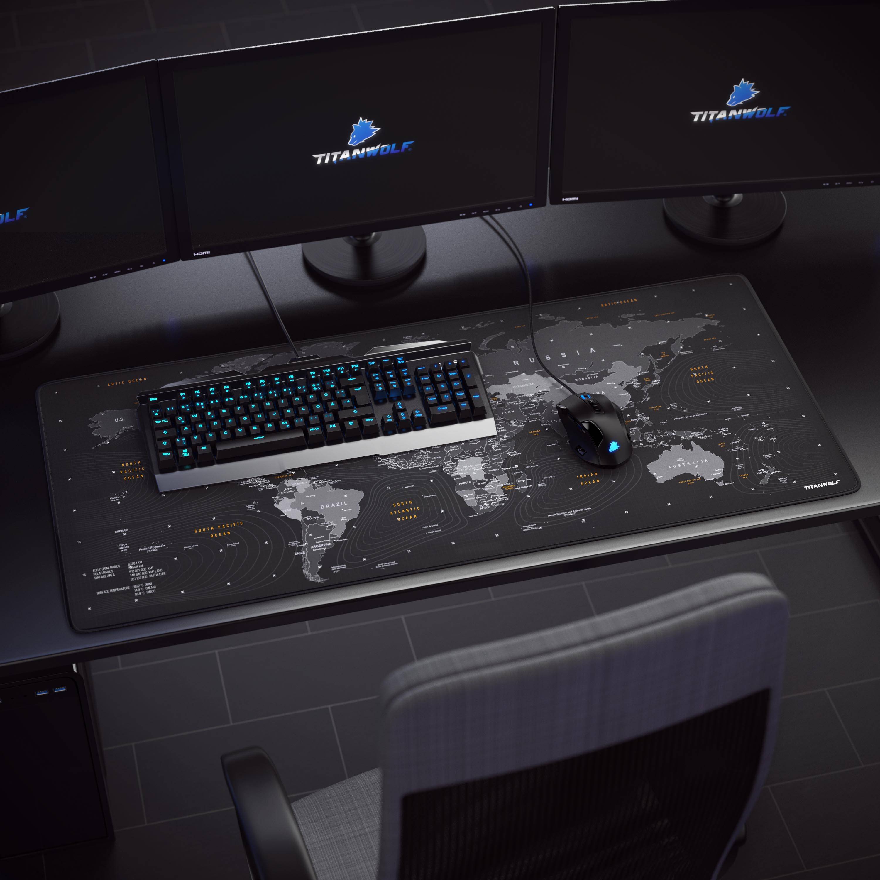 Titanwolf Gaming Mauspad XXL, glattes Stoffgewebe, Speed Mousepad 900 x 400mm große Fläche, Globus-1