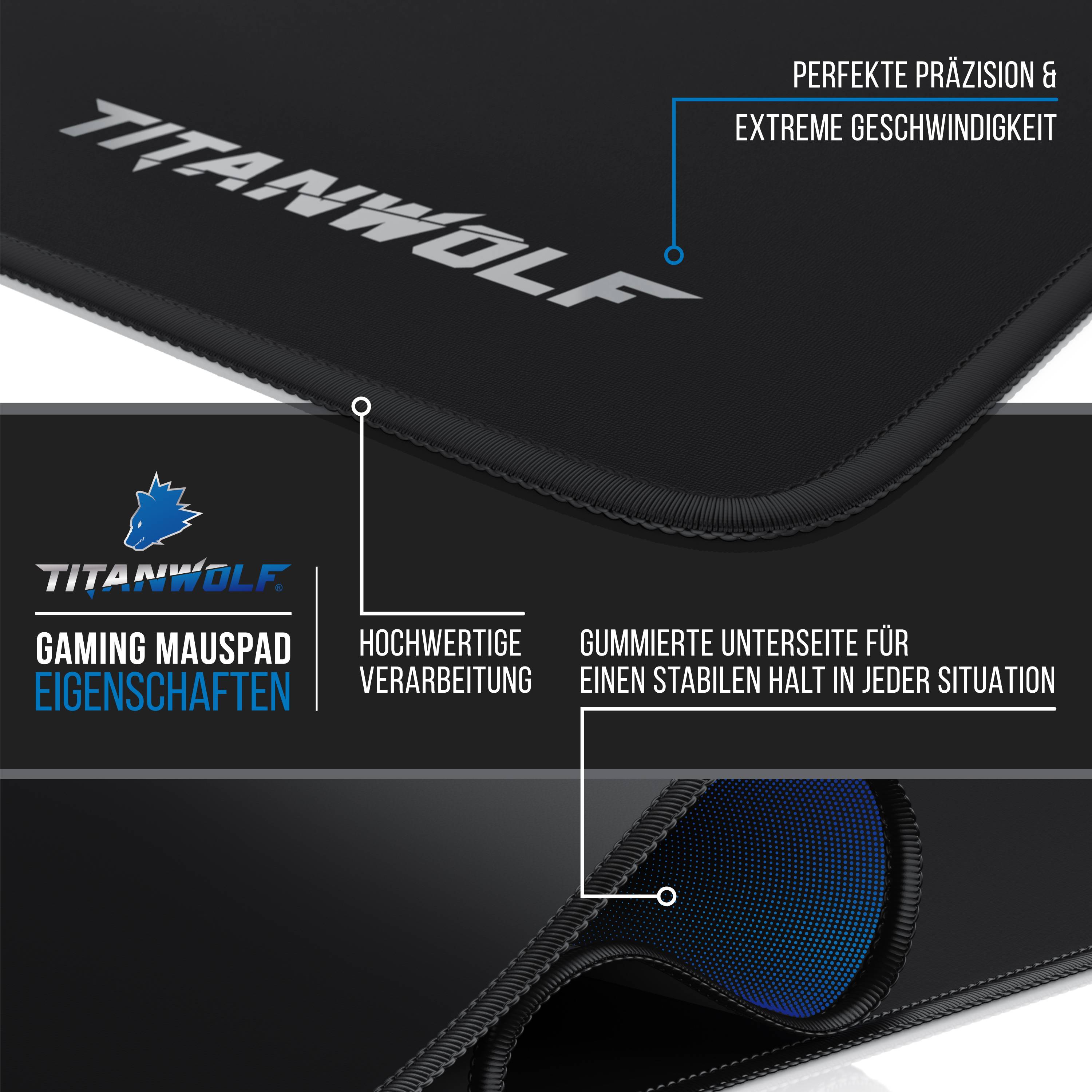 Titanwolf Gaming Mauspad, 900 x 400mm XXL Mousepad, verbessert Präzision & Geschwindigkeit, Titanwolf Schrift-3