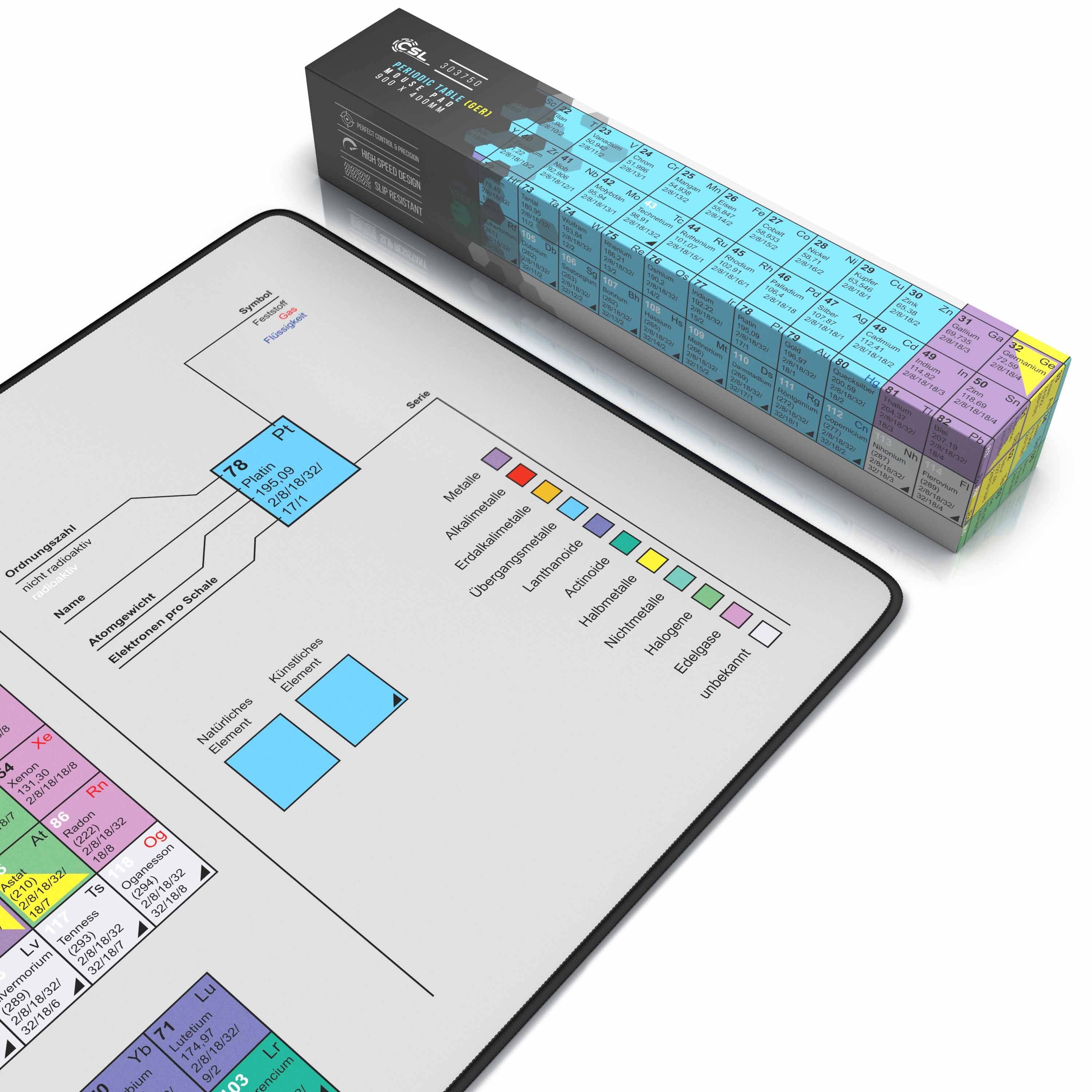 CSL Gaming Mauspad, XXL Schreibtischunterlage 900 x 400mm, Präzision & Geschwindigkeit, Periodensystem-2