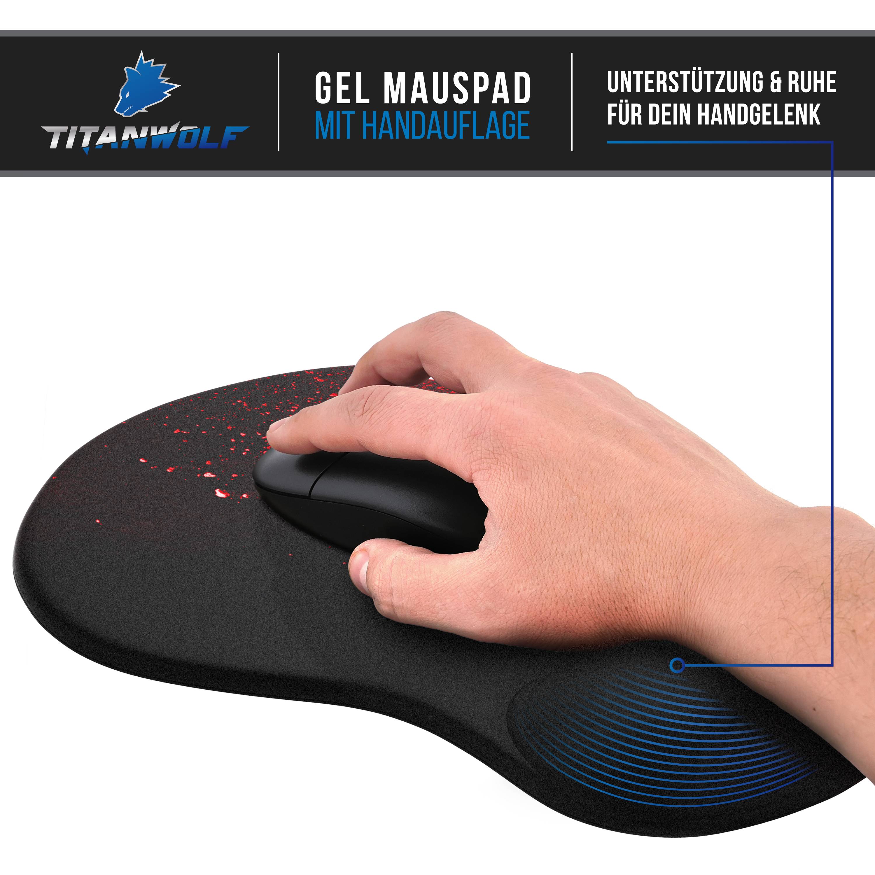 Titanwolf Gaming Mauspad mit ergonomischer Handgelenkauflage, Office Mousepad mit Gelpolster, Blood-3
