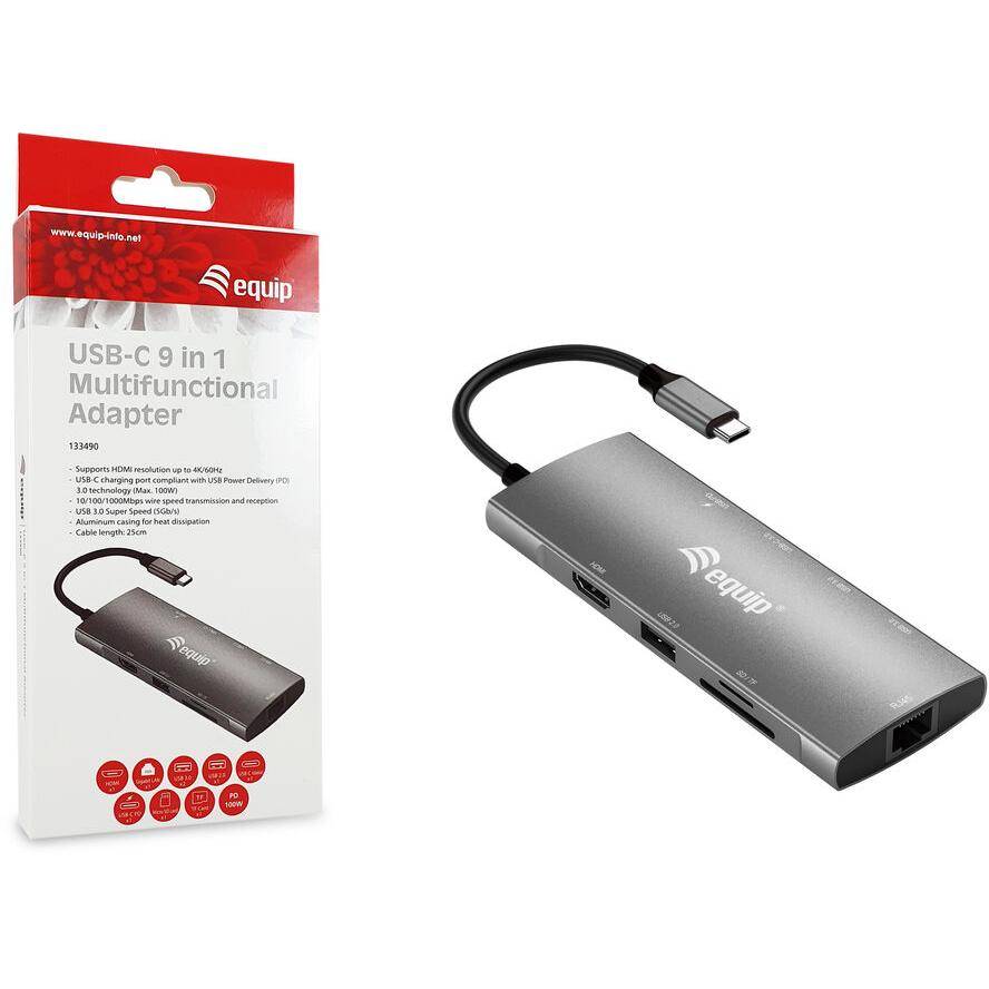Equip Dock USB-C->HDMI Gigabit LAN USB3.0.100WPD SD/TF 0.25m - Grau-4