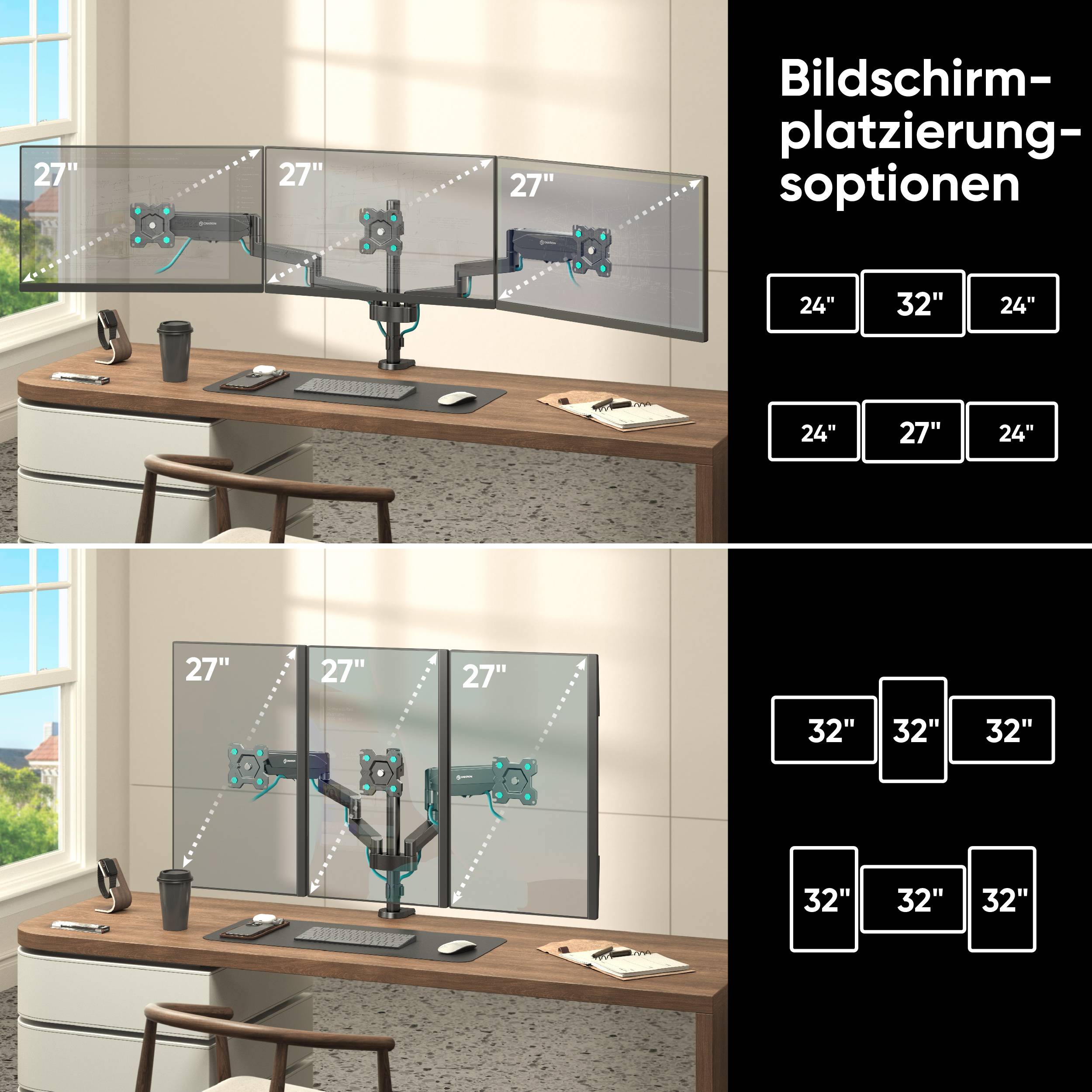 ONKRON Monitorhalterung für 3 Monitore 13"-32", 8 kg max pro Arm, VESA 75x75-100x100, G280-B-5