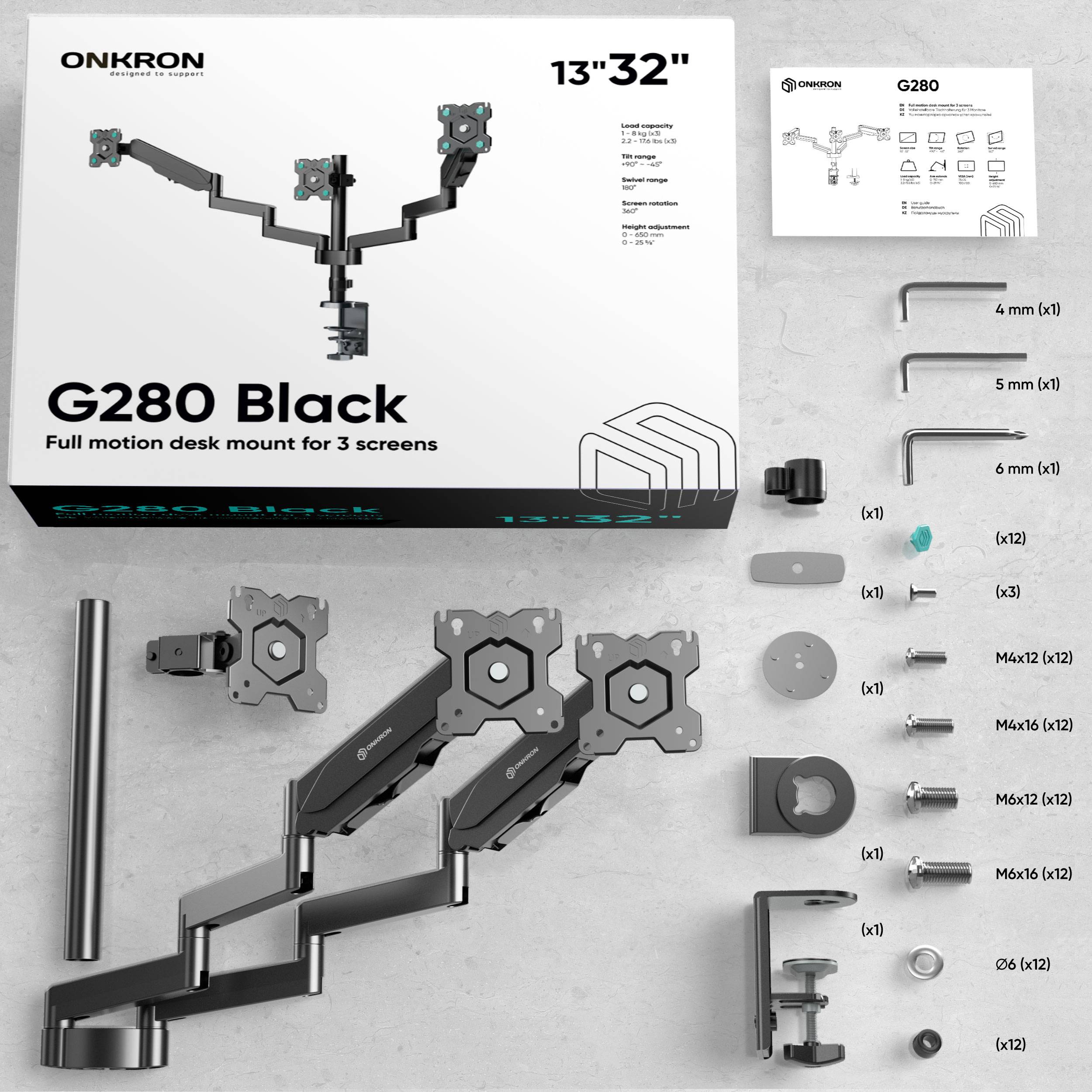 ONKRON Monitorhalterung für 3 Monitore 13"-32", 8 kg max pro Arm, VESA 75x75-100x100, G280-B-6