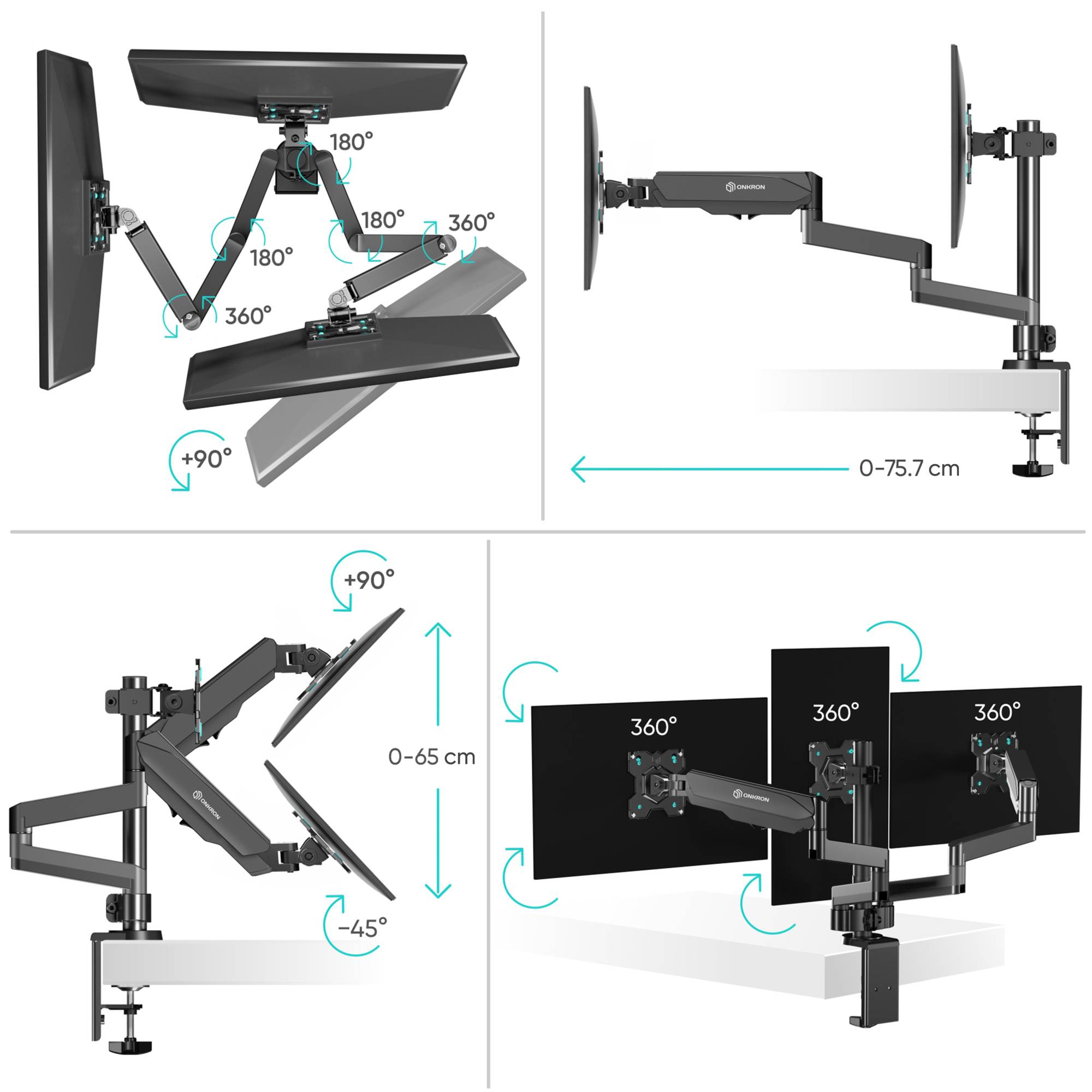 ONKRON Monitorhalterung für 3 Monitore 13"-32", 8 kg max pro Arm, VESA 75x75-100x100, G280-B-2