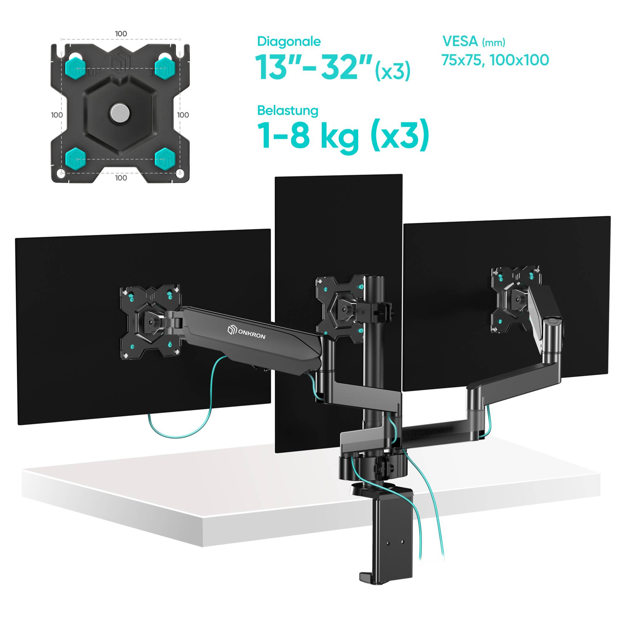 ONKRON Monitorhalterung für 3 Monitore 13"-32", 8 kg max pro Arm, VESA 75x75-100x100, G280-B-4