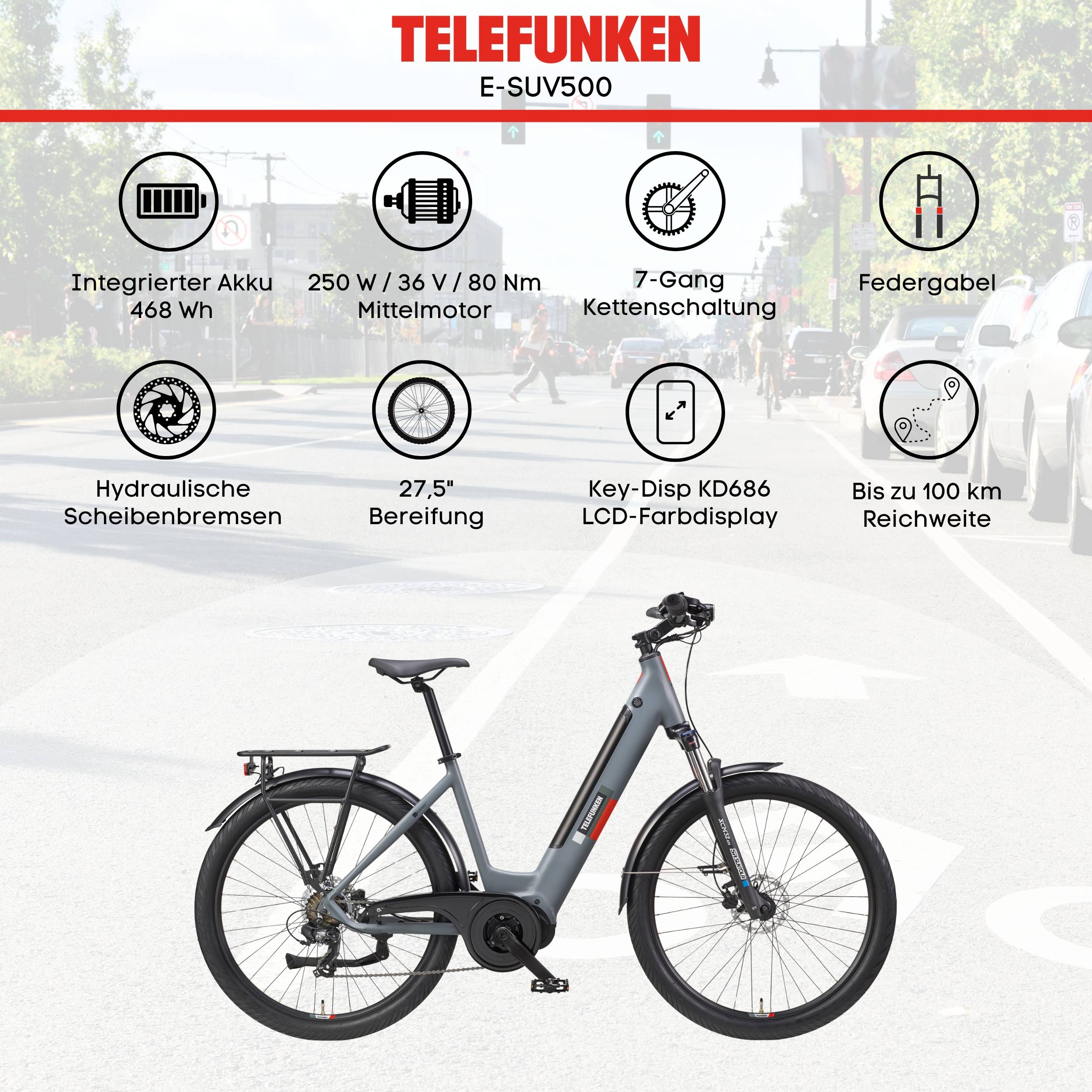 Telefunken City SUV E-Bike | Elektrofahrrad 27,5 Zoll | Mittelmotor | 7-Gang Kettenschaltung | 468 Wh Akku | Pedelec-4
