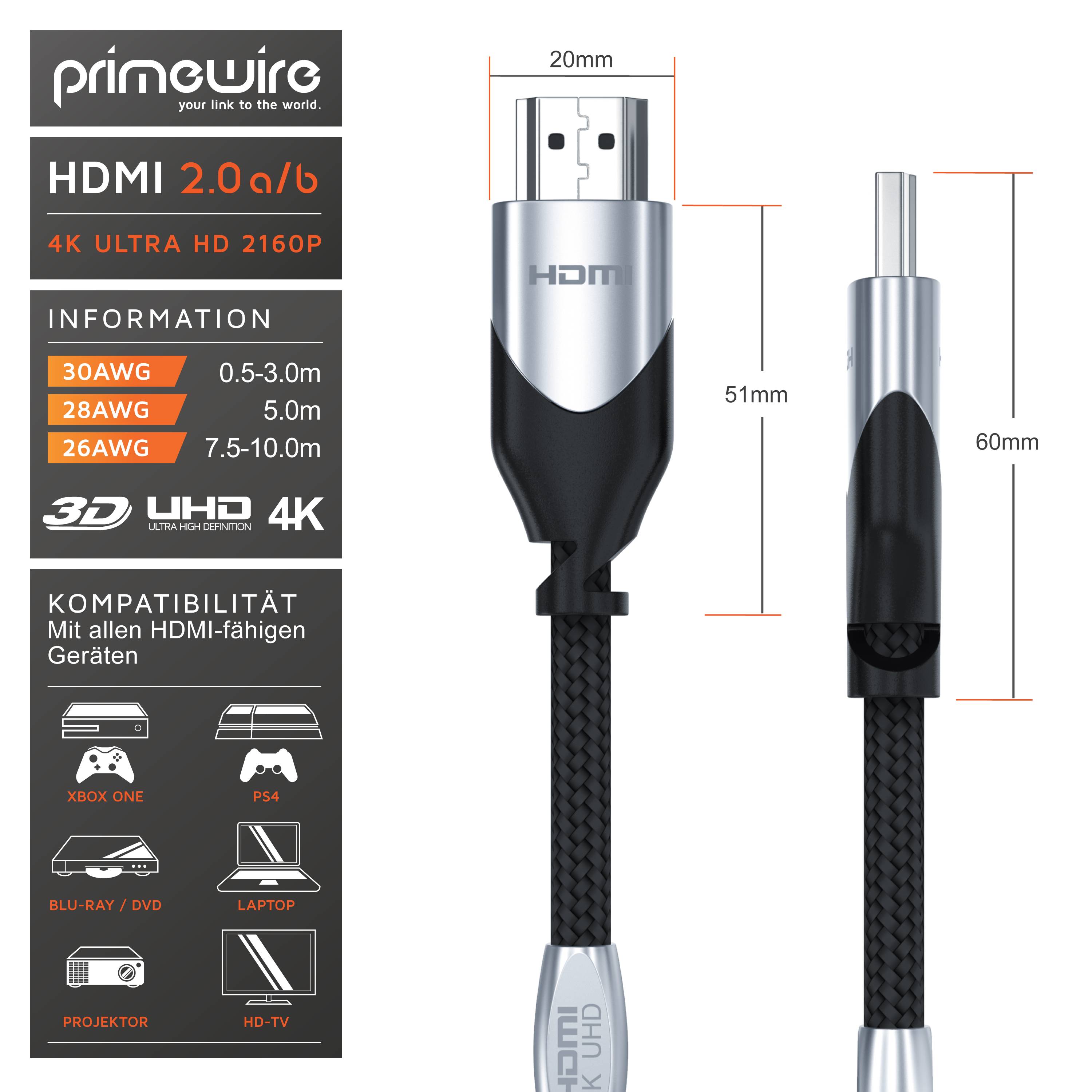 Primewire HDMI-Kabel 2.0b, Ultra HD 4k 60Hz, 18 Gbit/s, 3D, ARC, CEC, HDCP, HDR, HDMI Typ A - 1m-1