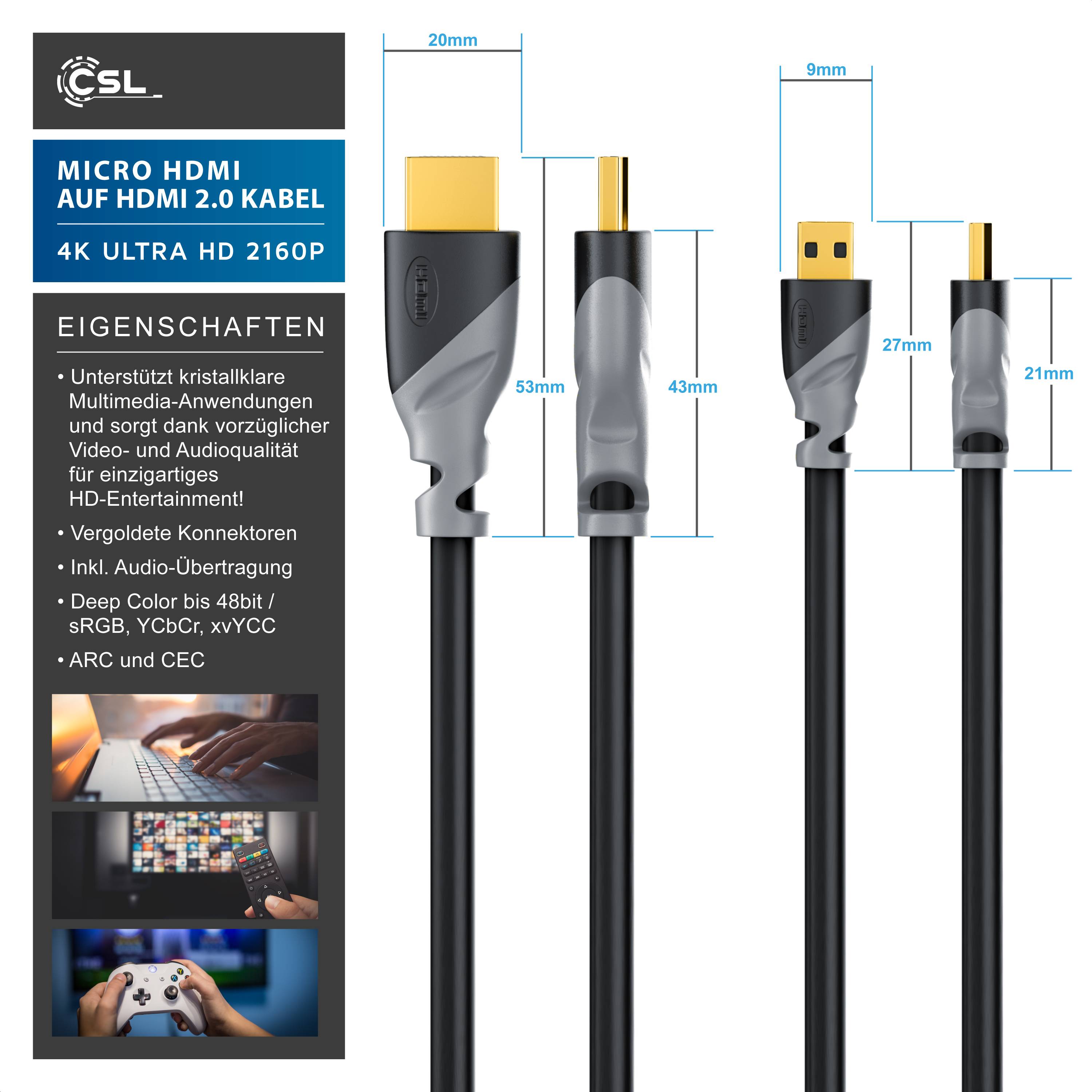 CSL HDMI Typ D (Micro) 2.0 zu HDMI Typ A Kabel, 4K, Ethernet, Ultra HD 2160p (3840 × 2160 Pixel) - 1m-1