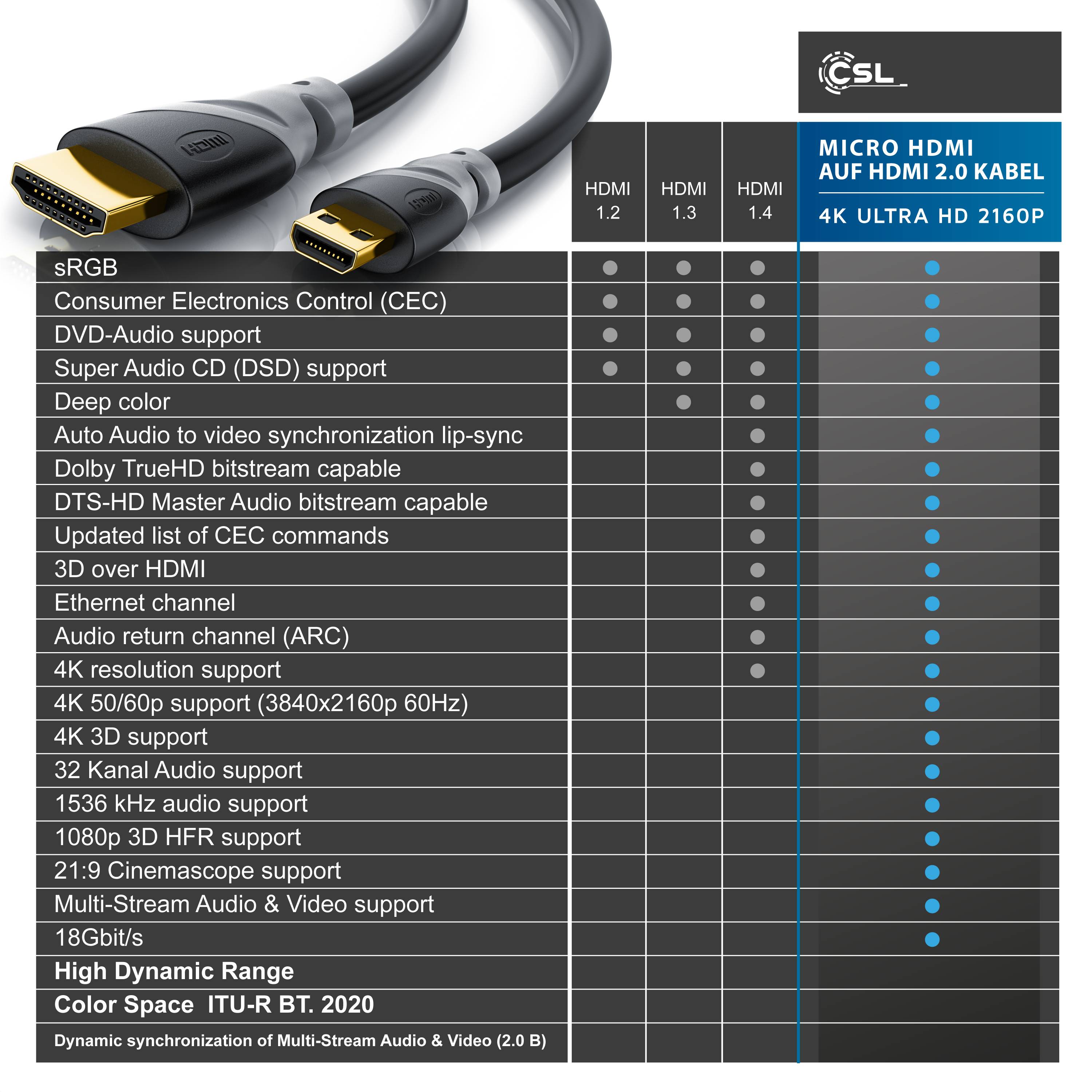 CSL HDMI Typ D (Micro) 2.0 zu HDMI Typ A Kabel, 4K, Ethernet, Ultra HD 2160p (3840 × 2160 Pixel) - 1m-4