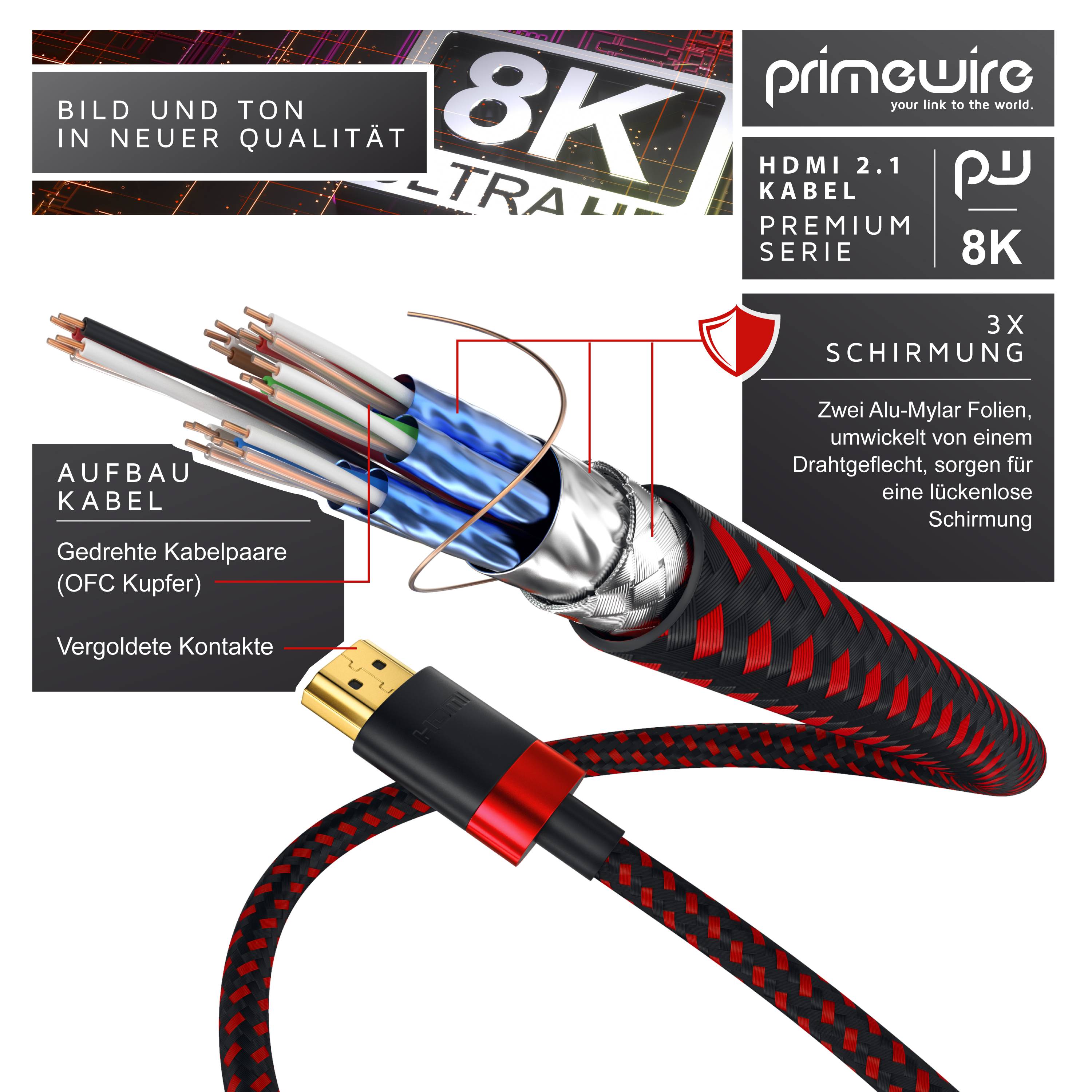 Primewire - 5m High Speed 8K HDMI Kabel 2.1, Ethernet ARC 3D 4K Ultra HD 7680x4320 @ 120 Hz HDTV Full HD, Schwarz/Rot-1