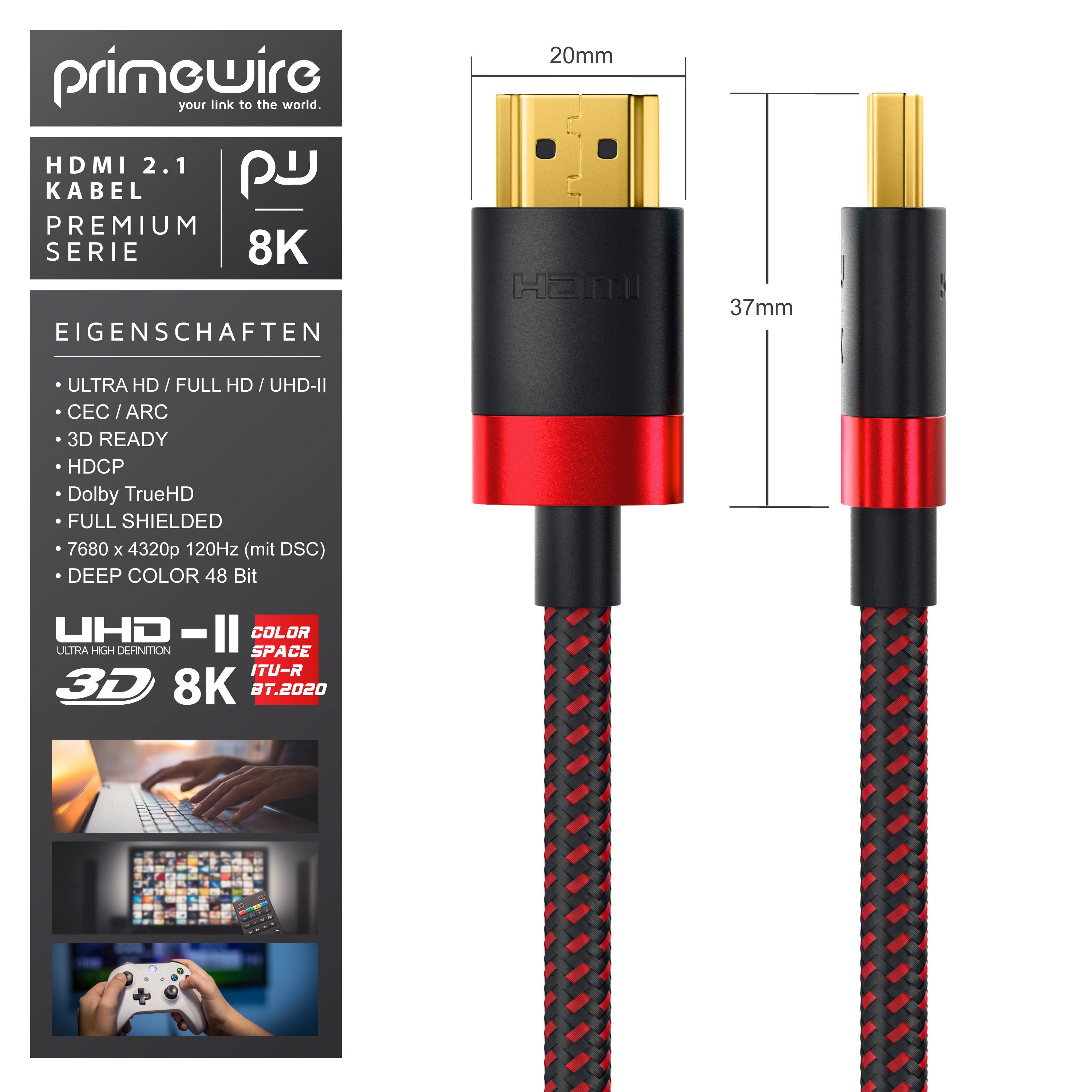 Primewire - 5m High Speed 8K HDMI Kabel 2.1, Ethernet ARC 3D 4K Ultra HD 7680x4320 @ 120 Hz HDTV Full HD, Schwarz/Rot-3