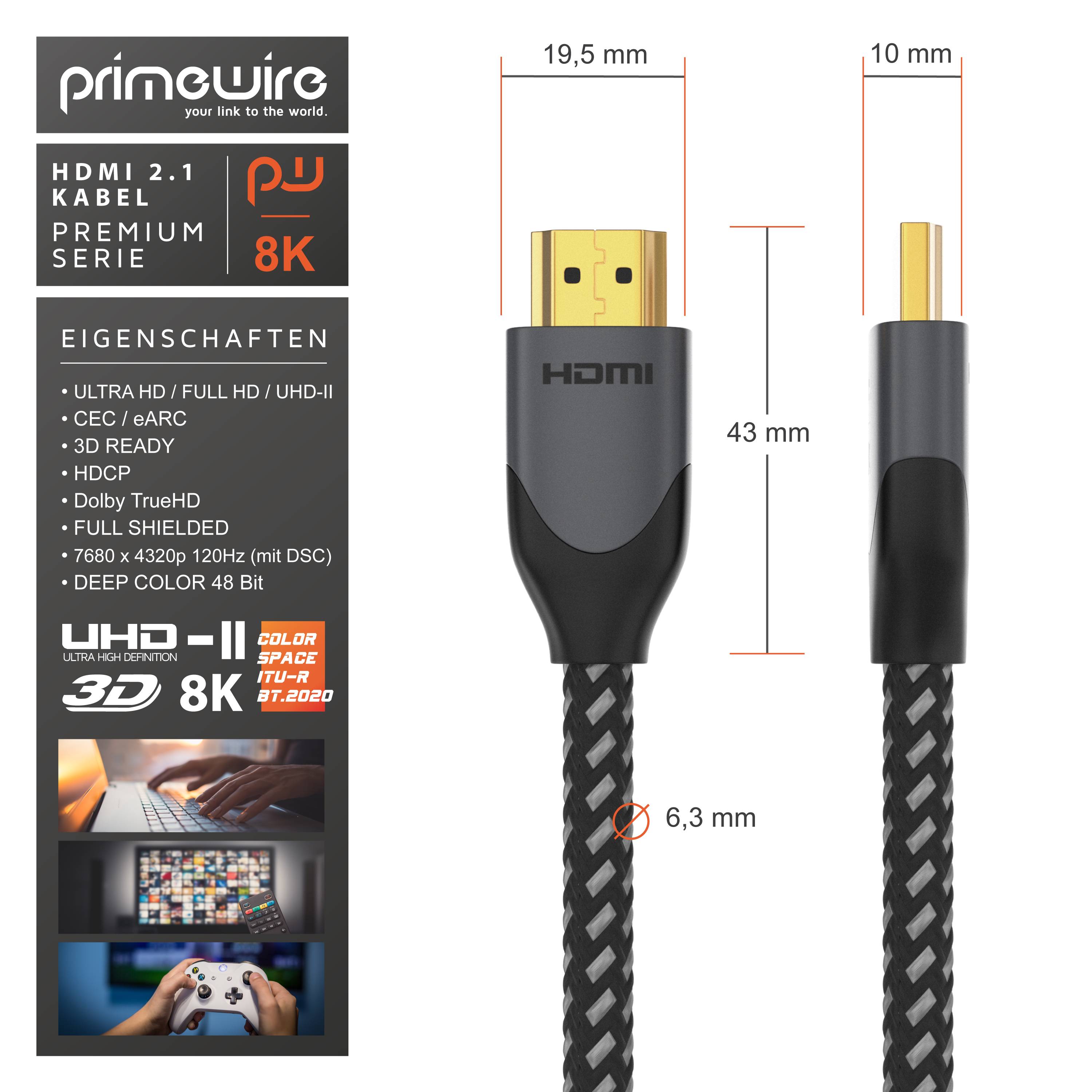 Primewire 8k HDMI Kabel 2.1, 8K @ 120Hz 4K @ 240Hz mit DSC, HDMI 2.0a 2.0b, 3D, HDTV UHD II HDR-10+, Dolby Vision - 1,5m-1
