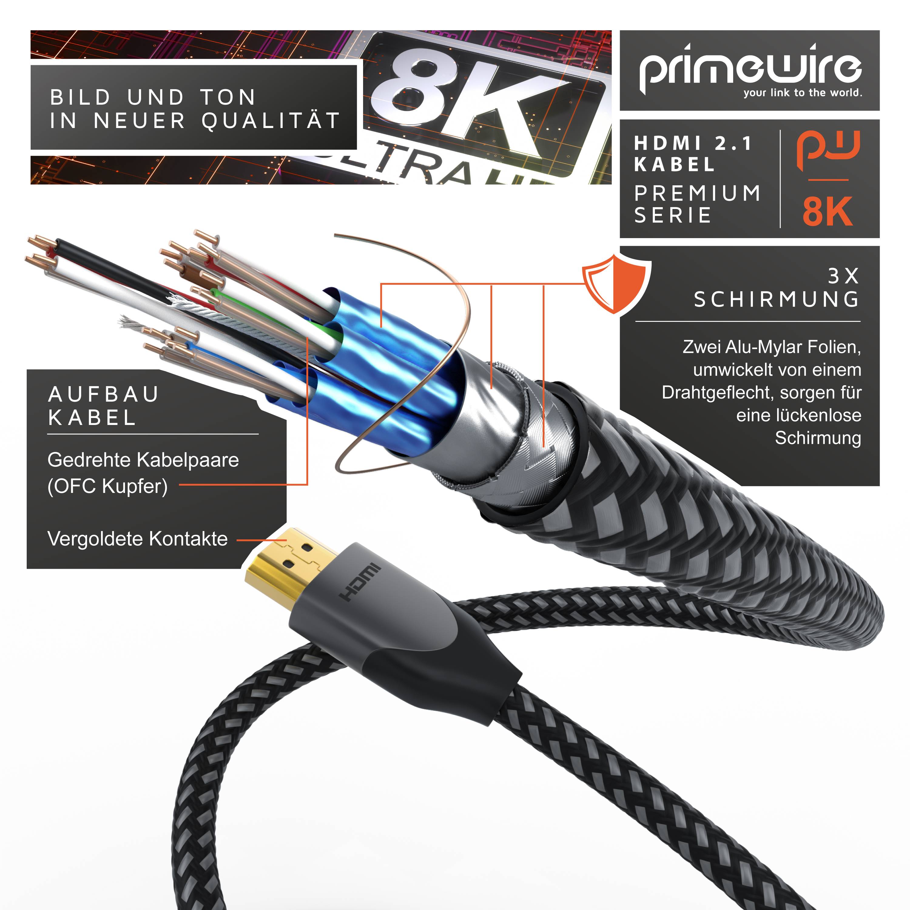 Primewire 8k HDMI Kabel 2.1, 8K @ 120Hz 4K @ 240Hz mit DSC, HDMI 2.0a 2.0b, 3D, HDTV UHD II HDR-10+, Dolby Vision - 1,5m-2