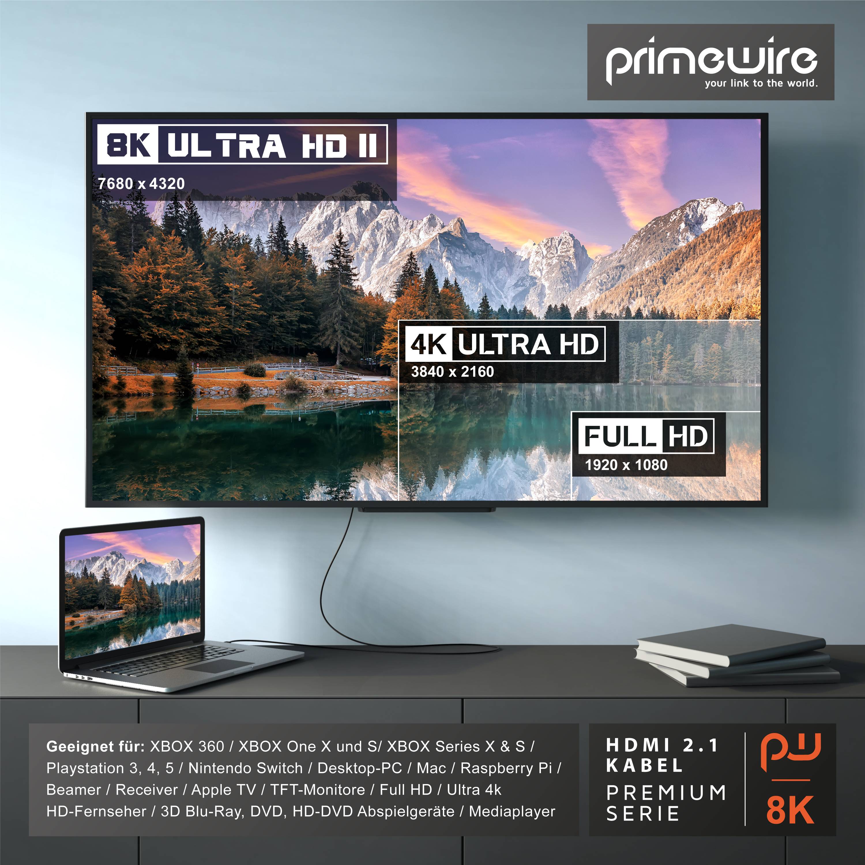 Primewire 8k HDMI Kabel 2.1, 8K @ 120Hz 4K @ 240Hz mit DSC, HDMI 2.0a 2.0b, 3D, HDTV UHD II HDR-10+, Dolby Vision - 1,5m-4