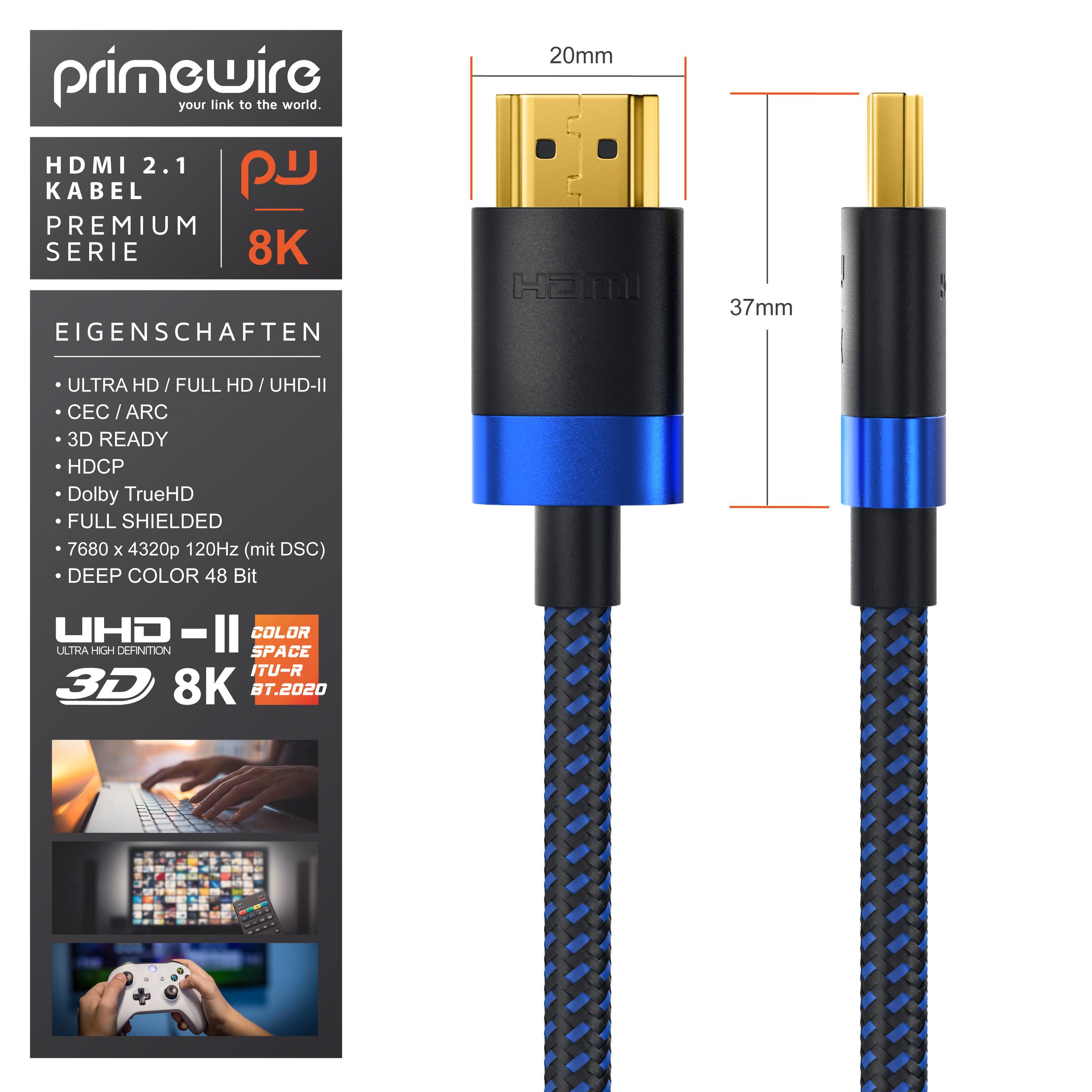 Primewire 5m High Speed 8K HDMI Kabel 2.1, Ethernet ARC 3D 4K Ultra HD 7680x4320 @ 120 Hz HDTV Full HD, Schwarz/Blau-1