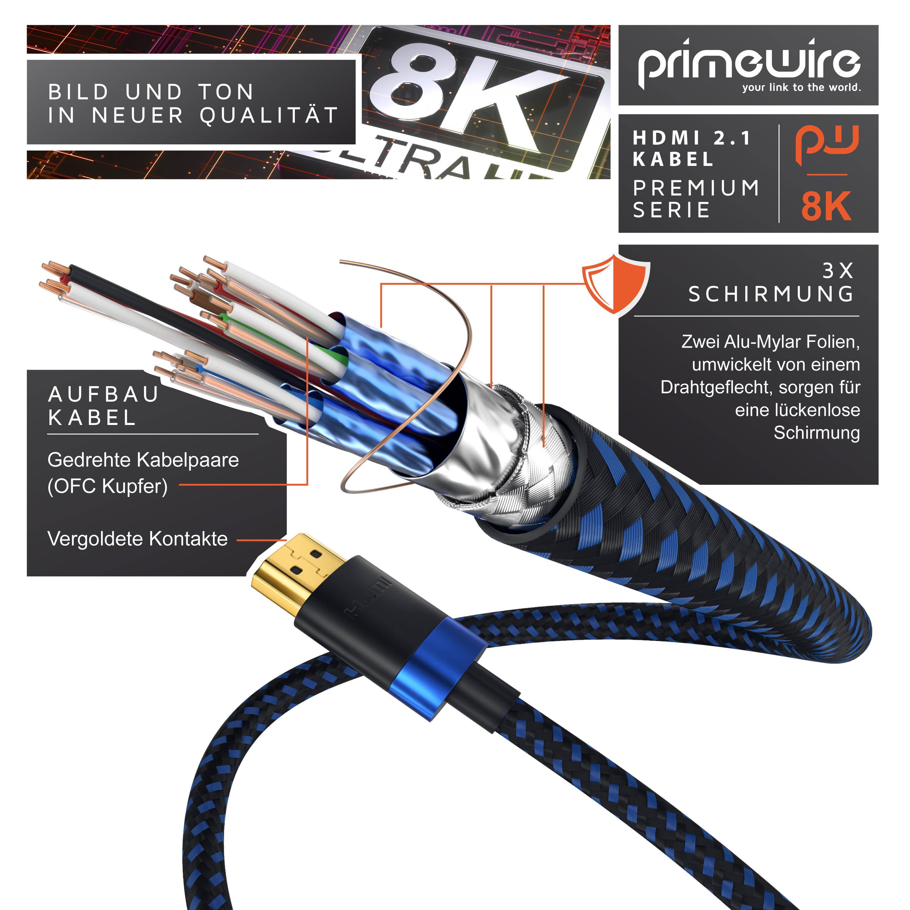 Primewire 5m High Speed 8K HDMI Kabel 2.1, Ethernet ARC 3D 4K Ultra HD 7680x4320 @ 120 Hz HDTV Full HD, Schwarz/Blau-2
