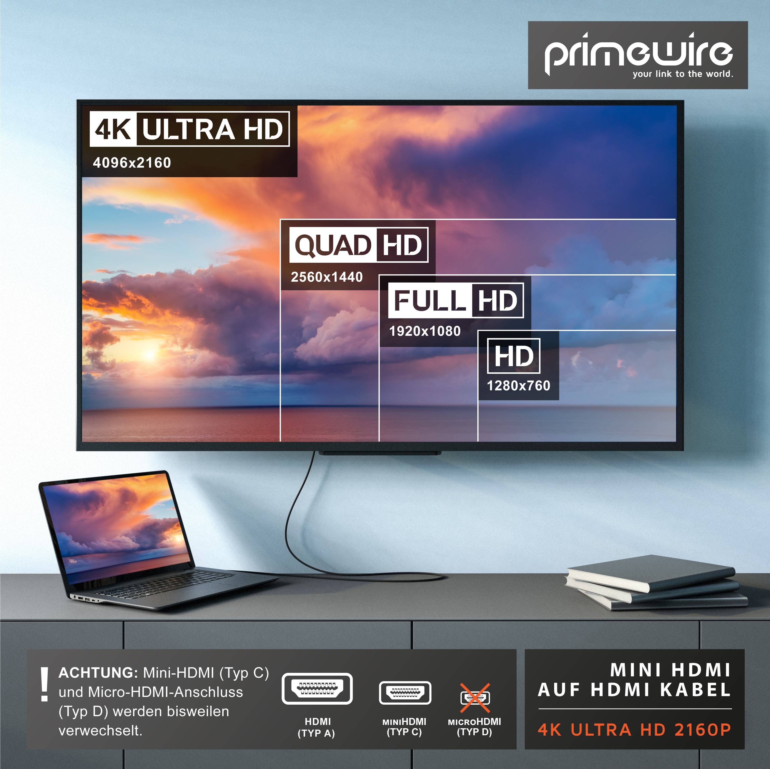 Primewire 8K HDMI auf Mini HDMI Adapterkabel 2.1, 4K 3840 x 2160 @ 60 Hz - 5m-4