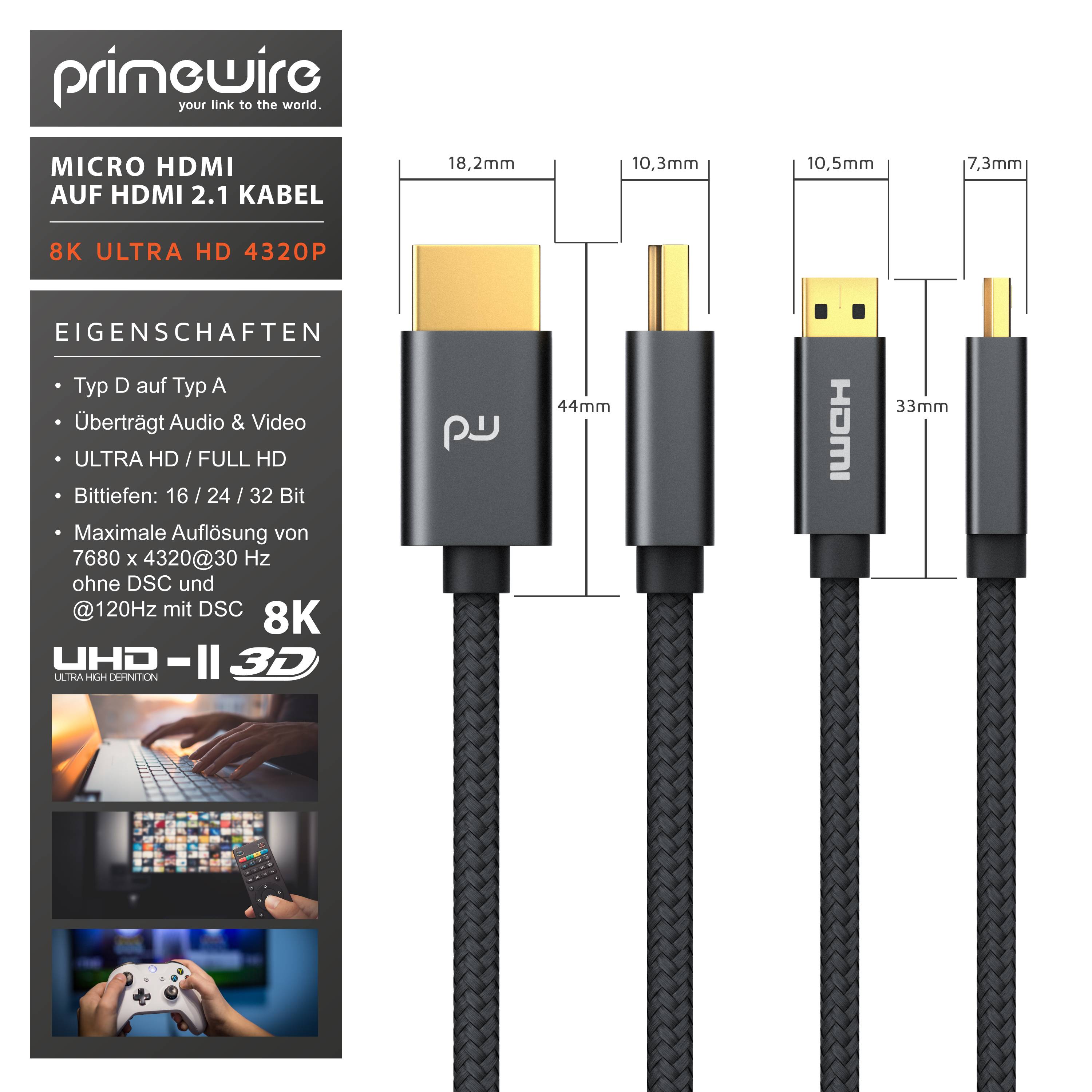 Primewire 8K HDMI 2.1 auf Micro HDMI Adapterkabel, 7680 x 4320 @ 120 Hz mit DSC - 2m-1