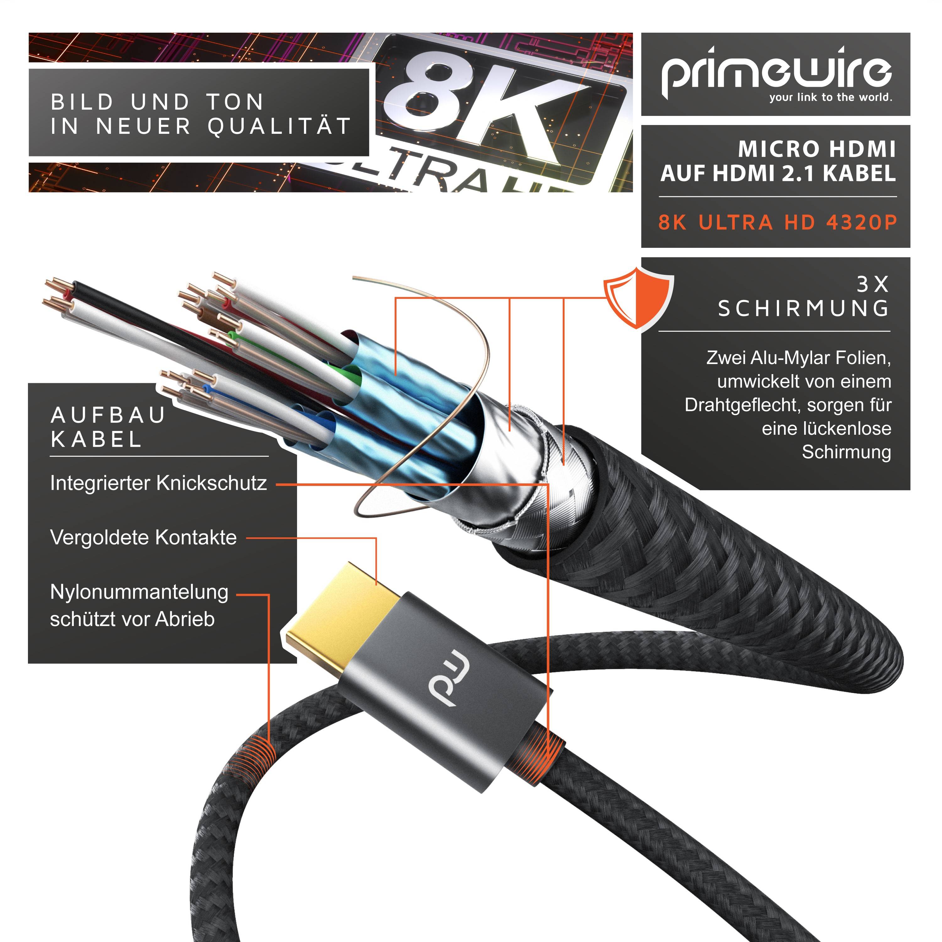 Primewire 8K HDMI 2.1 auf Micro HDMI Adapterkabel, 7680 x 4320 @ 120 Hz mit DSC - 2m-2