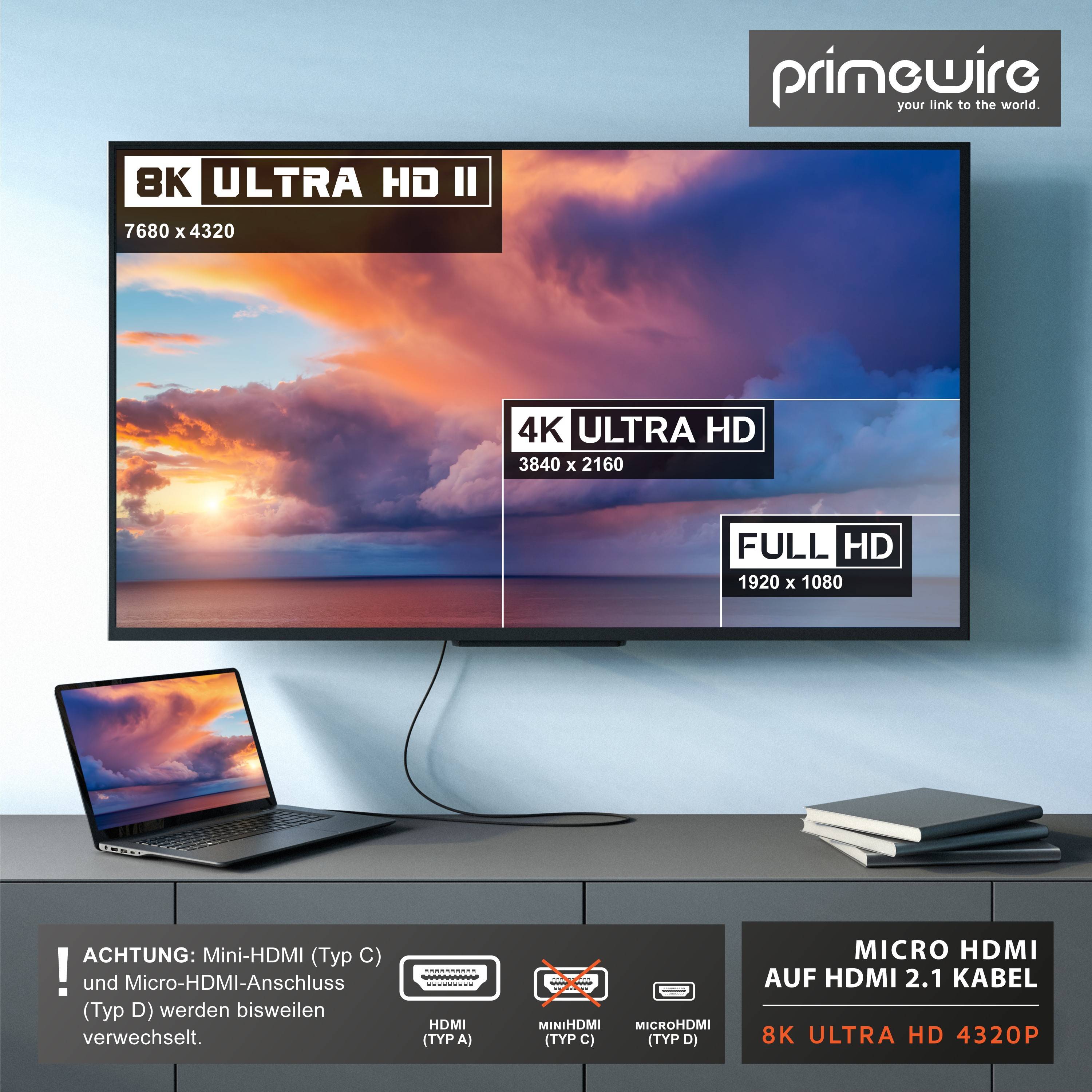 Primewire 8K HDMI 2.1 auf Micro HDMI Adapterkabel, 7680 x 4320 @ 120 Hz mit DSC - 2m-4