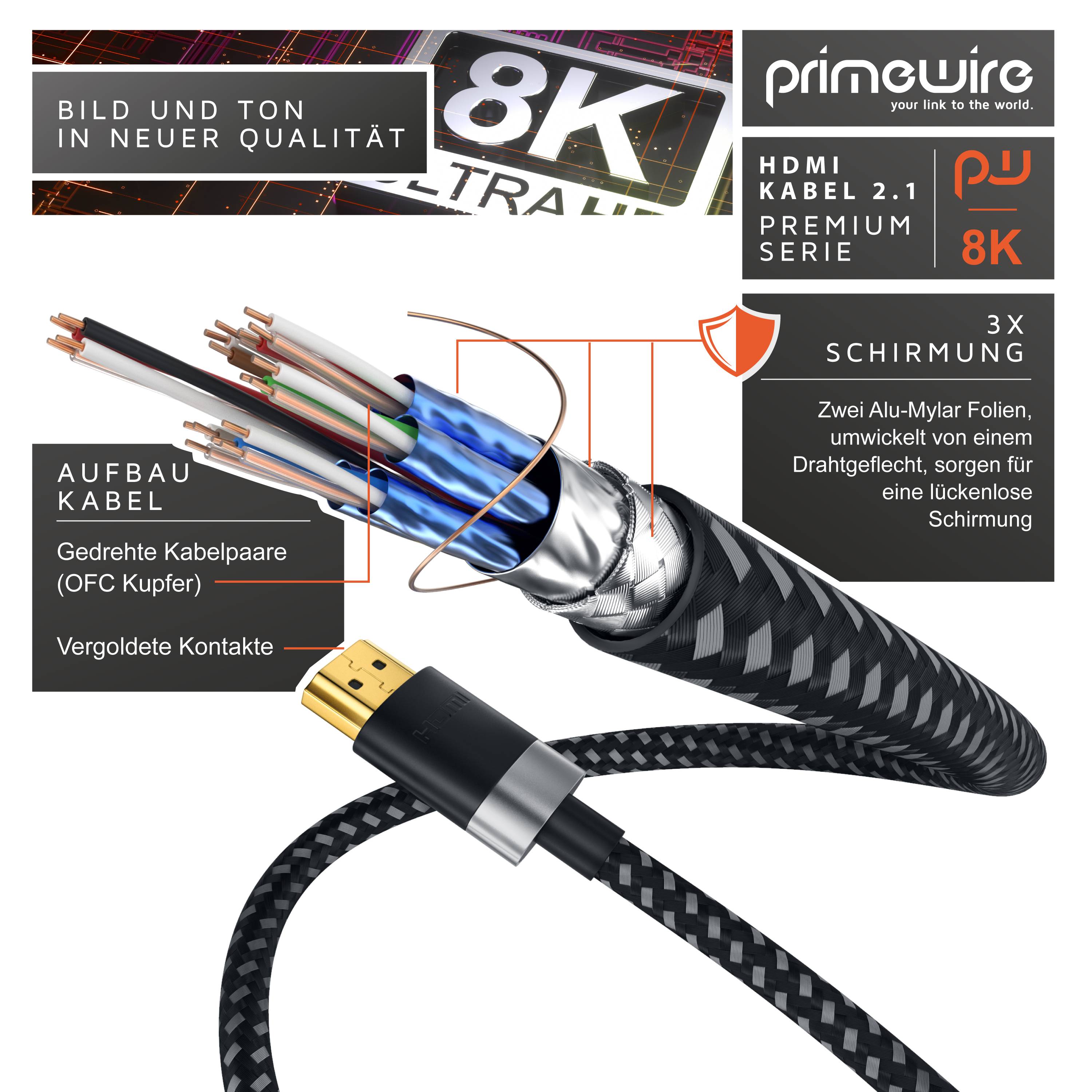 Primewire - 3m High Speed 8K HDMI Kabel 2.1, Ethernet ARC 3D 4K Ultra HD 7680x4320 @ 120 Hz HDTV Full HD, Schwarz/Silber-1