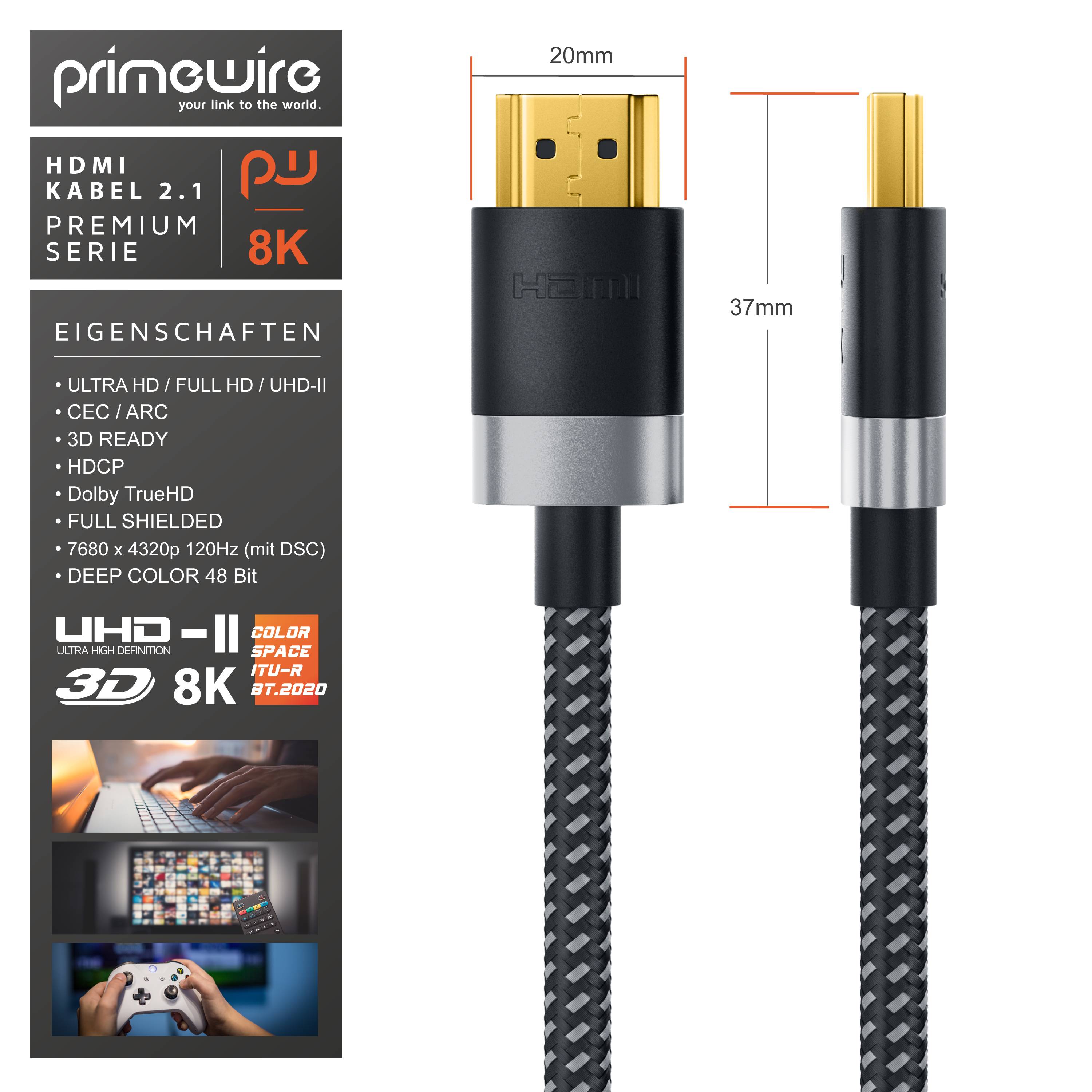 Primewire - 3m High Speed 8K HDMI Kabel 2.1, Ethernet ARC 3D 4K Ultra HD 7680x4320 @ 120 Hz HDTV Full HD, Schwarz/Silber-4