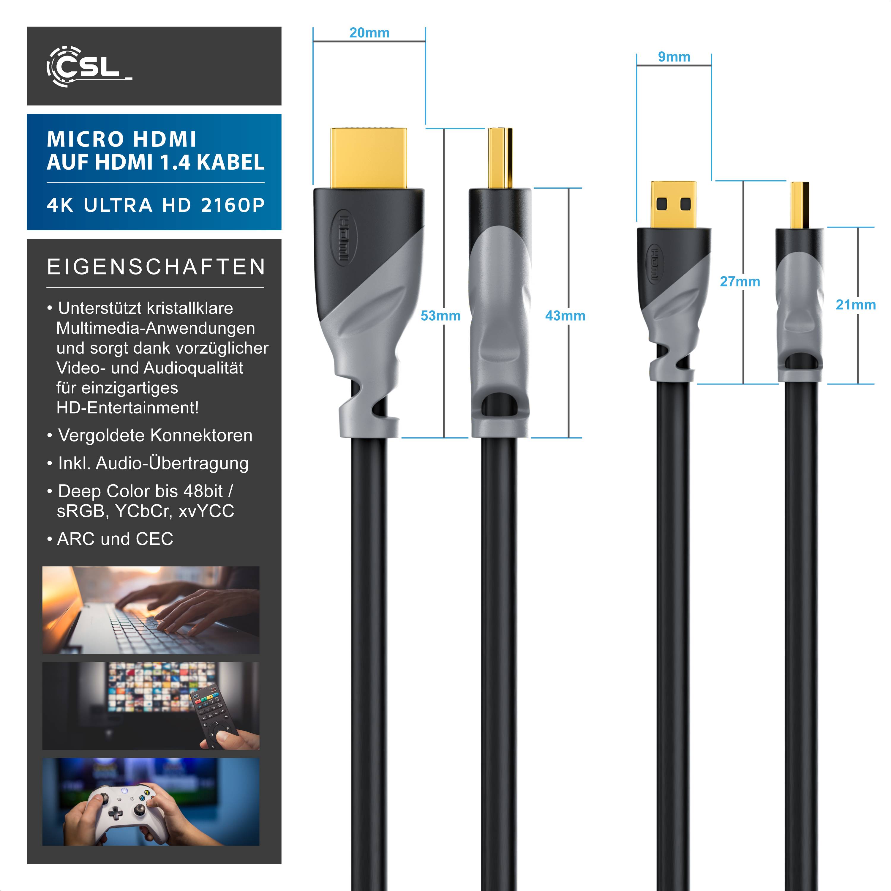CSL HDMI Typ D (Micro) 2.0 zu HDMI Typ A Kabel, 4K, Ethernet, Ultra HD 2160p (3840 × 2160 Pixel) - 3m-1