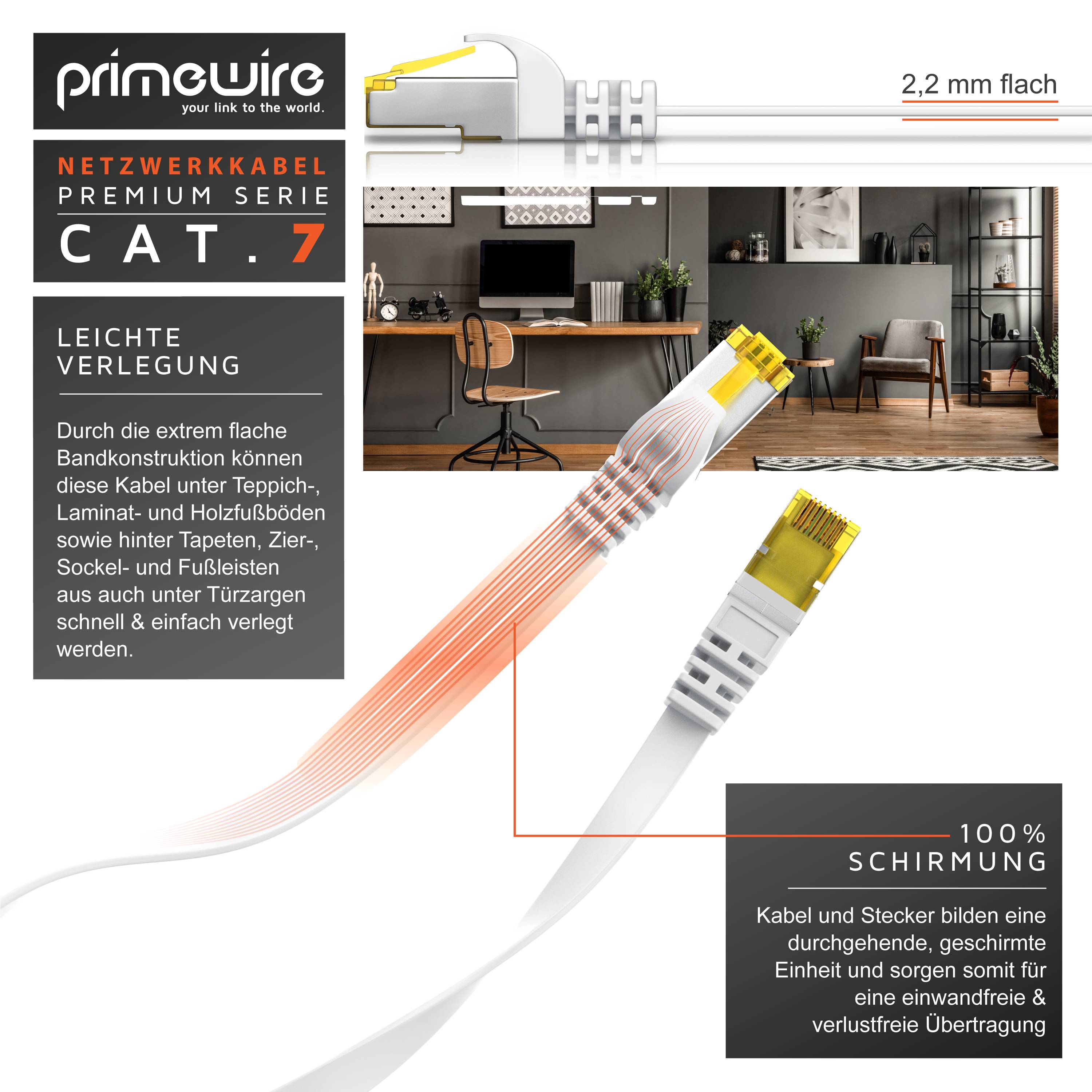 Primewire LAN-Kabel CAT.7, RJ-45 (Ethernet), CAT 7 Flachband U/FTP Gigabit Netzwerkkabel 10 Gbit/s Patchkabel - 2m-3