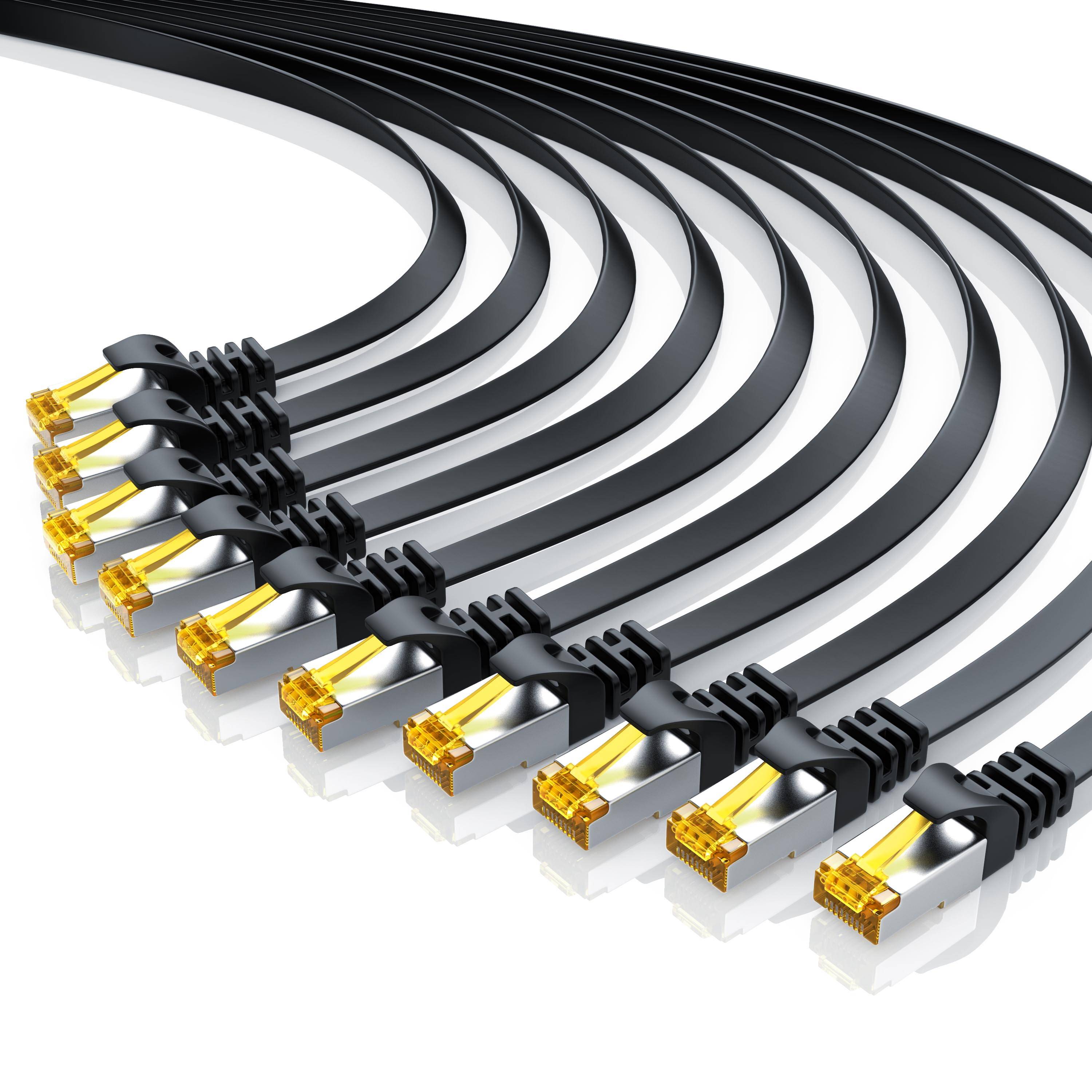 Primewire 10x LAN-Kabel CAT.7, RJ-45 (Ethernet), CAT 7 Flachband U/FTP Gigabit Netzwerkkabel 10 Gbit/s Patchkabel - 0,5m-0