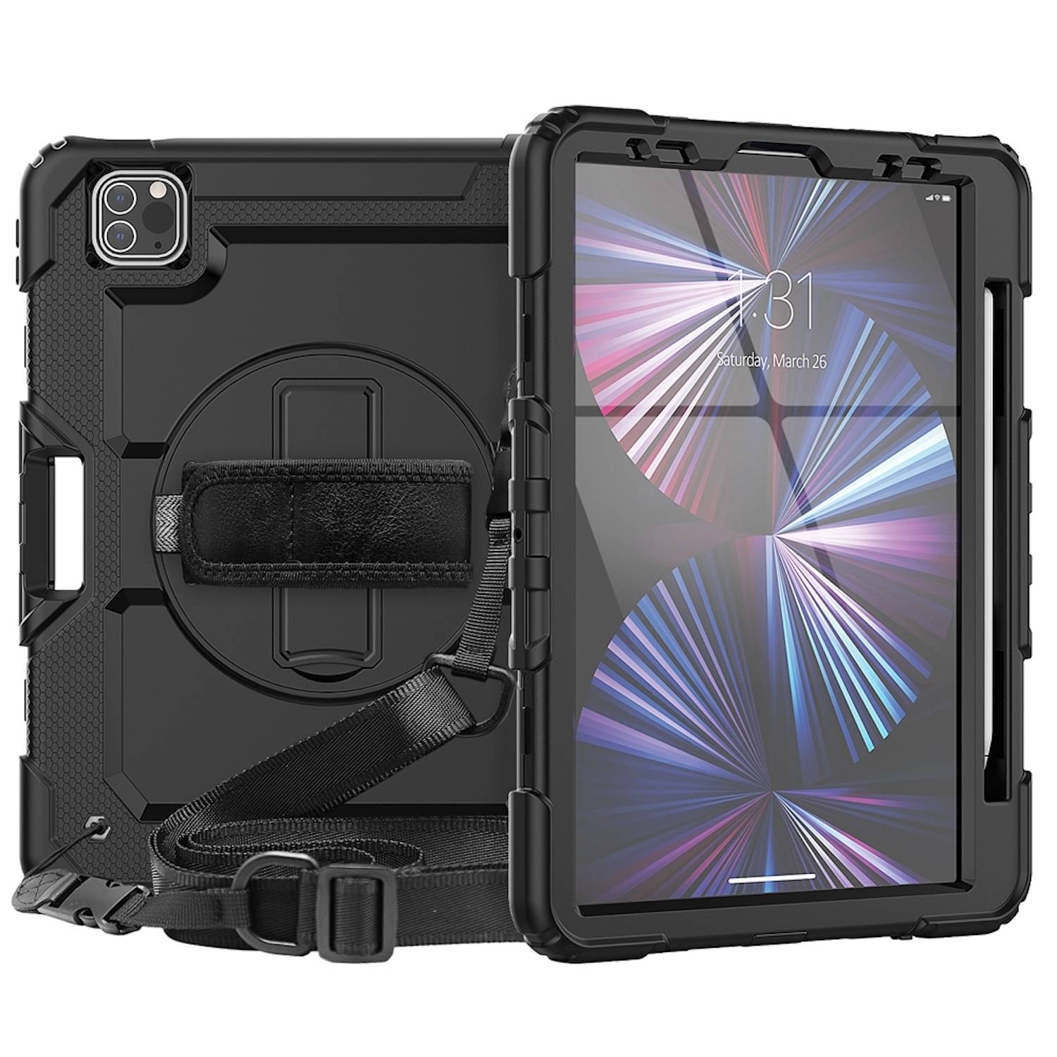 Für Apple iPad Pro 11 2024 Hybrid 360 Grad Tasche Schultergurt Schwarz-0