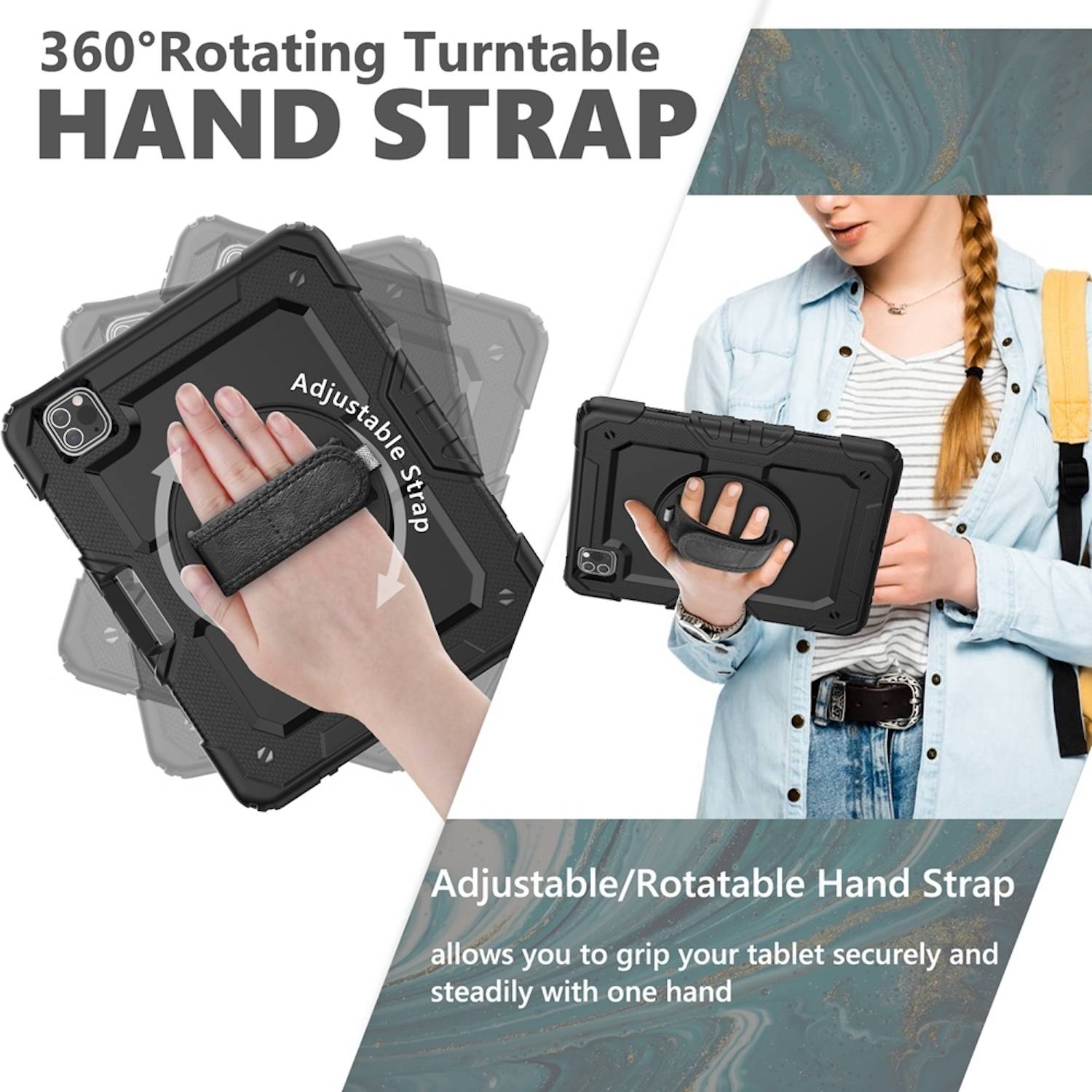 Für Apple iPad Pro 11 2024 Hybrid 360 Grad Tasche Schultergurt Schwarz-2