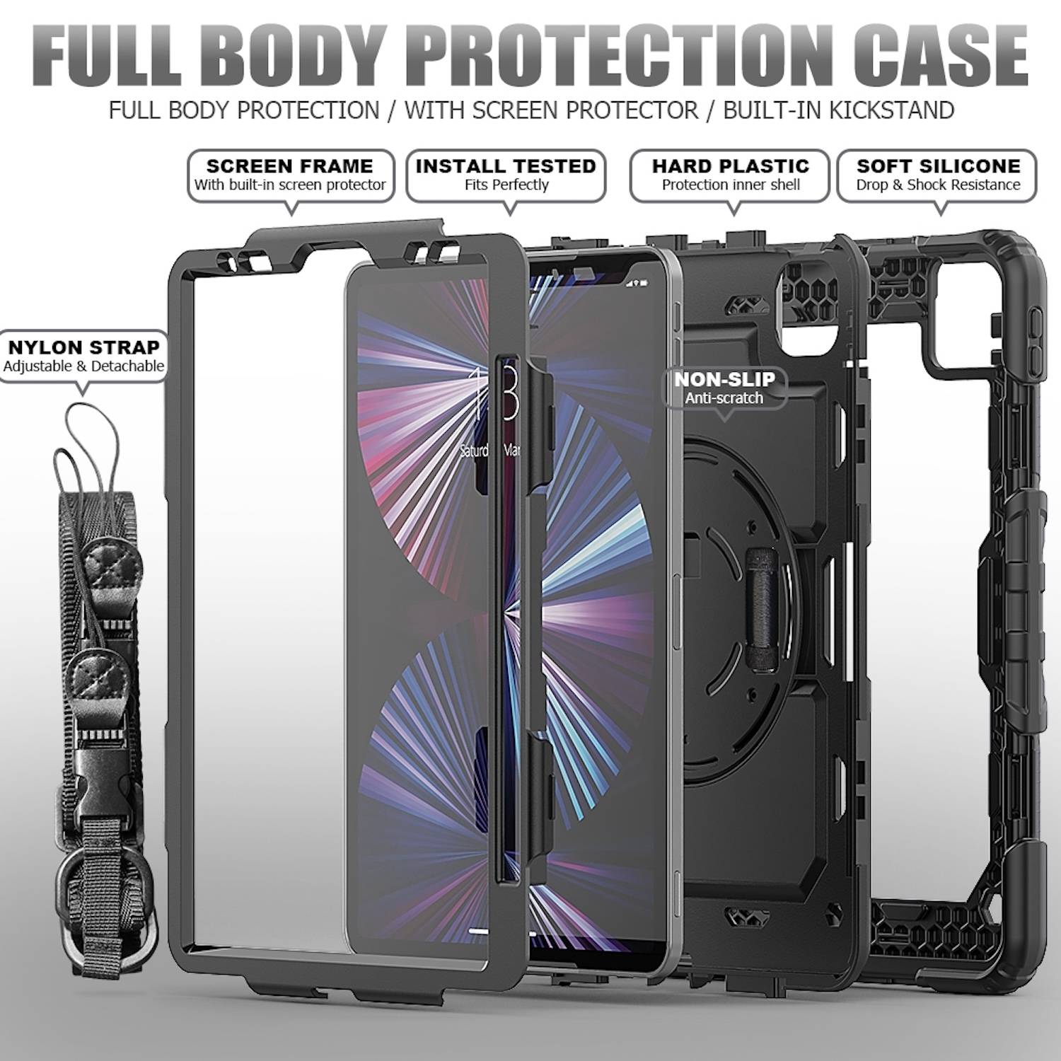 Für Apple iPad Pro 11 2024 Hybrid 360 Grad Tasche Schultergurt Schwarz-3