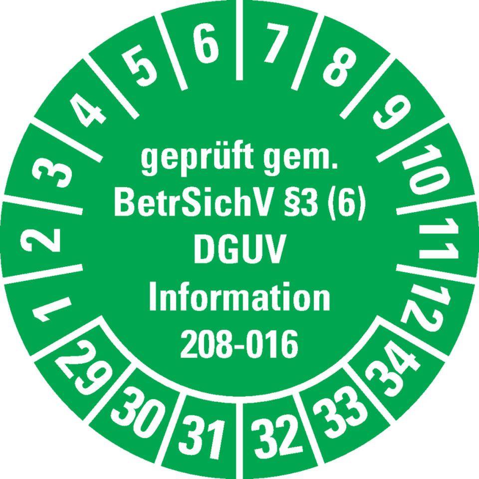 Prüfplakette geprüft gemäß BetrSichV §3(6)DGUV, 29-34, grün, Dokumentenfolie, Ø 30mm, 18/Bogen-0