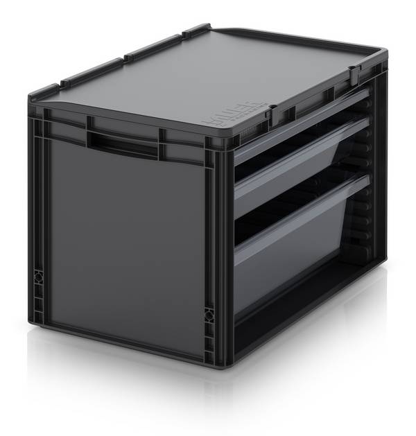 ESD-Schubladenbehälter Komplettsystem: 1x ESD SB.42 bestückt mit: 1x ESD SB.H, 1x ESD W24-t, 1x ESD W84-t, 1x ESD W172-t