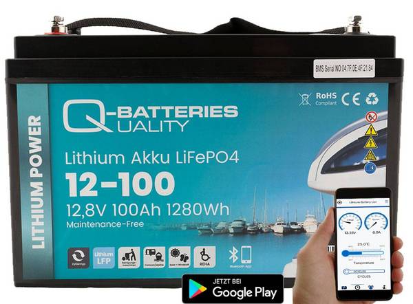 Q-Batteries Lithium Akku 12-100 12,8V 100Ah 1280Wh LiFePO4 Batterie mit Bluetooth & Heizung