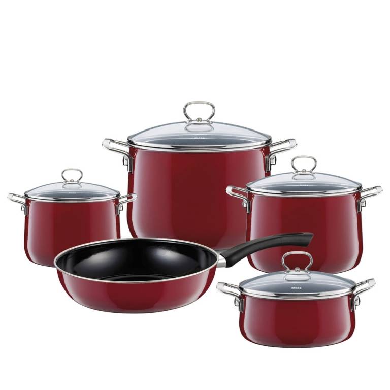 Riess Topf-Geschirrset mit Glasdeckel 5-teilig Emaille Nouvelle Rosso extra stark-0