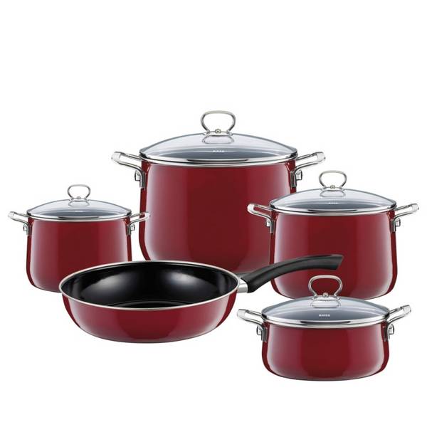 Riess Topf-Geschirrset mit Glasdeckel 5-teilig Emaille Nouvelle Rosso extra stark