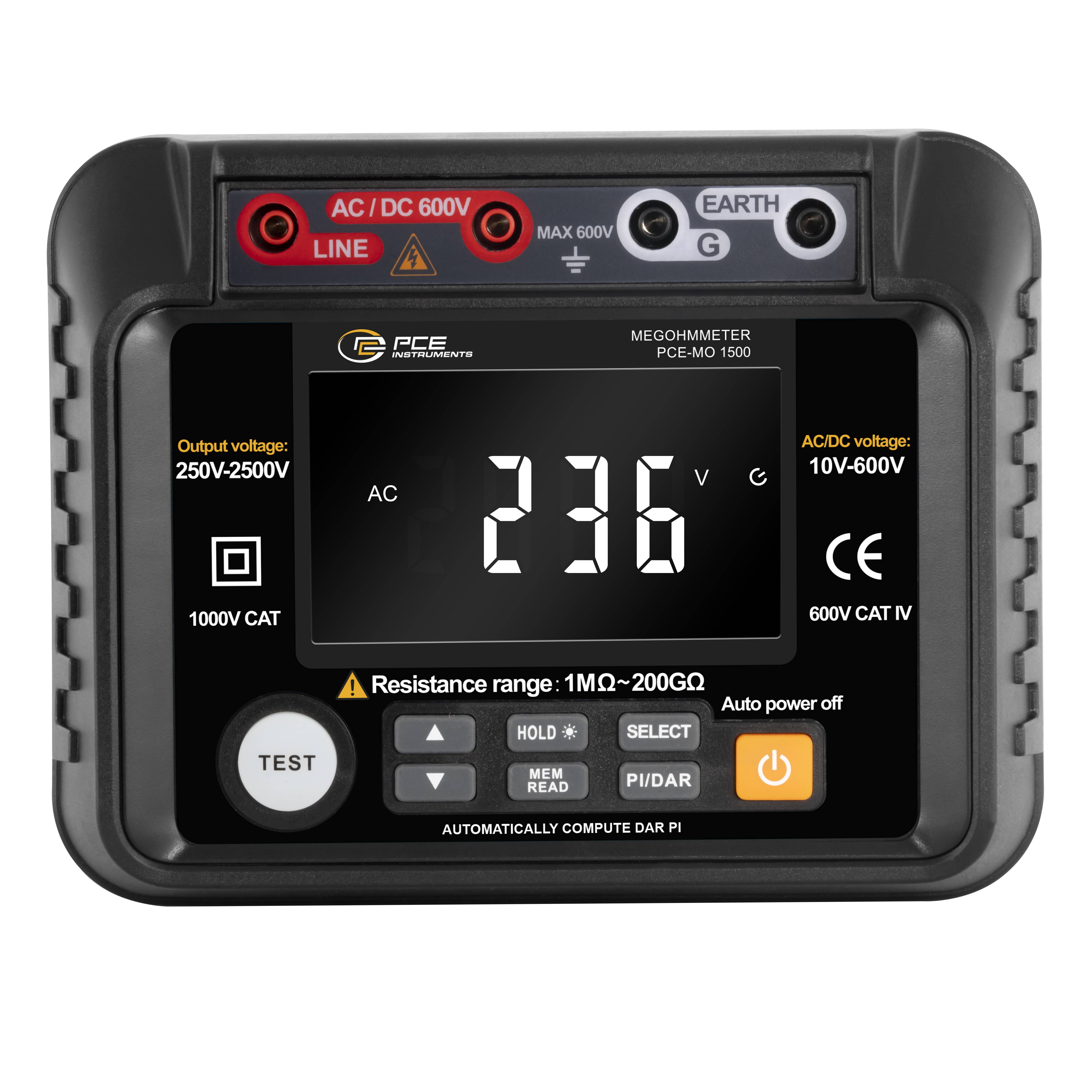 PCE Instruments Ohmmeter PCE-MO 1500 |1 MΩ...200GΩ |PI|DAR|HOLD |Gleichspannung |Wechselspannung |Speicher |EN 61010-1-1