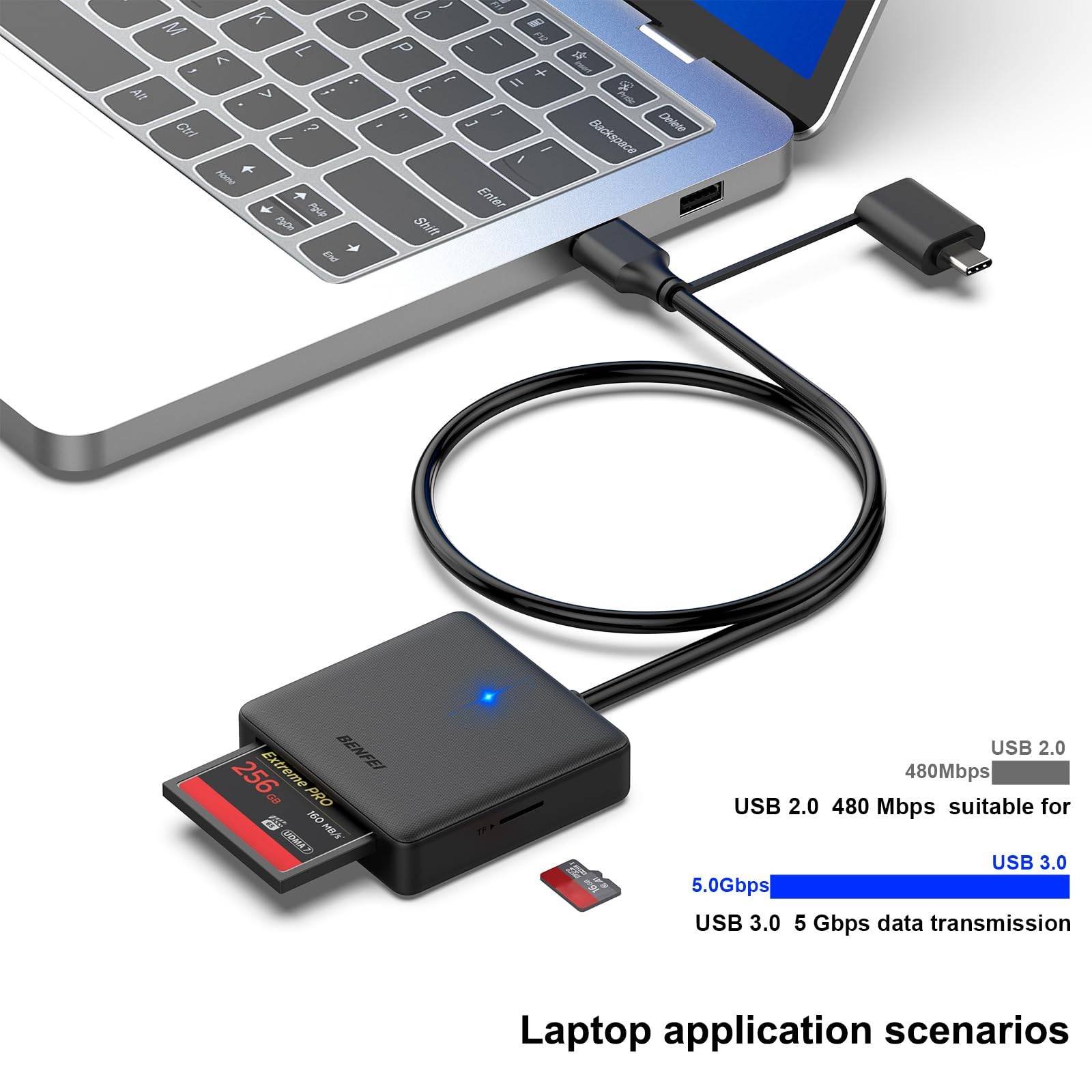 BENFEI 4in1 USB 3.0 und USB-C auf SD Micro SD MS CF Kartenleseradapter, 4 Karten gleichzeitig lesen und schreiben-1