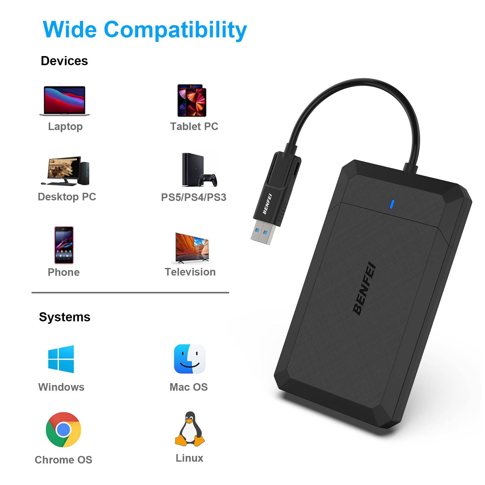 BENFEI 2.5 Inch SATA to USB Tool Free External Hard Drive Enclosure, USB Type-C/Type-A to Sata-2