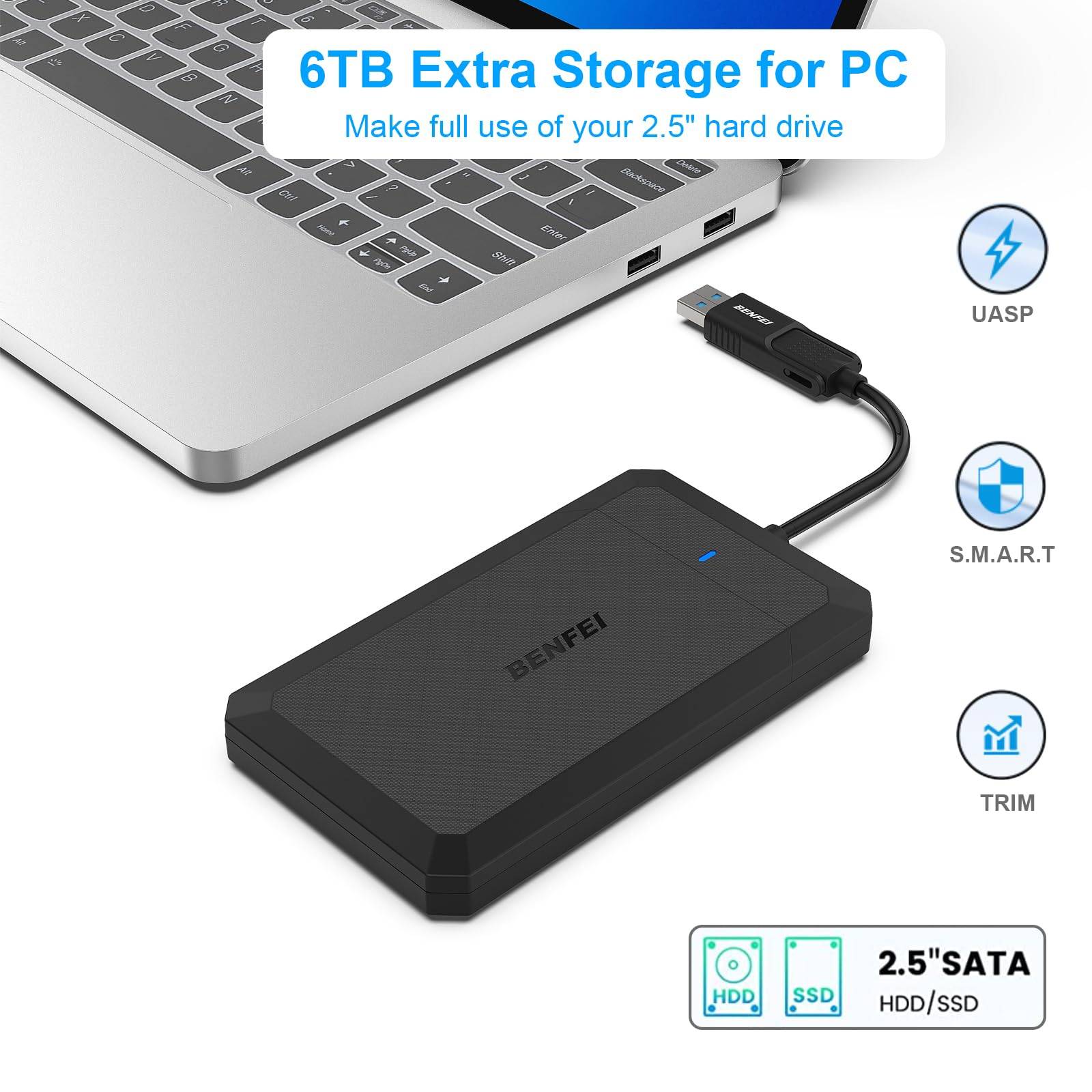 BENFEI 2.5 Inch SATA to USB Tool Free External Hard Drive Enclosure, USB Type-C/Type-A to Sata-4