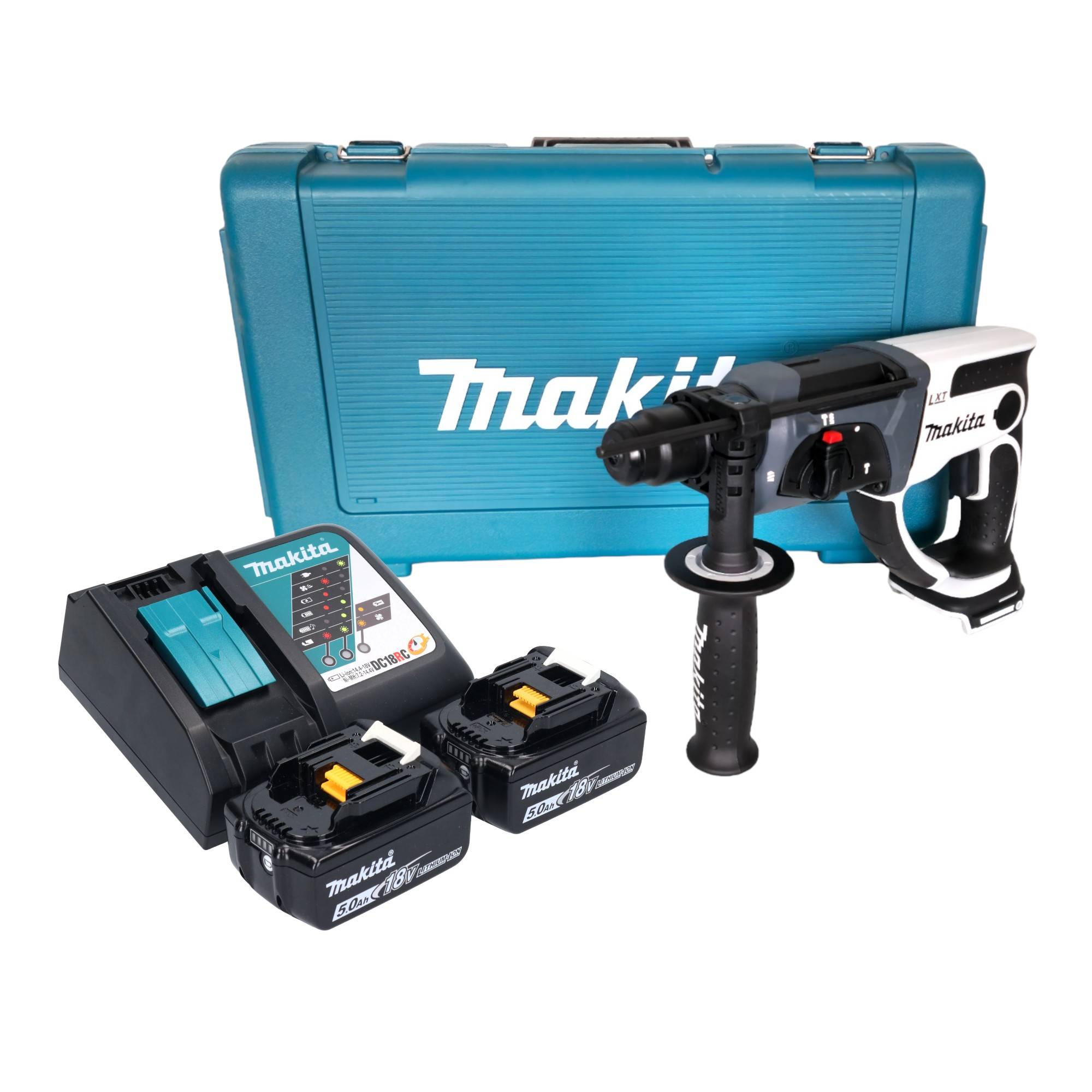Makita DHR 202 RTW Akku Bohrhammer 18 V 20 mm 2,0 J weiß + 2x Akku 5,0 Ah + Ladegerät + Koffer-0