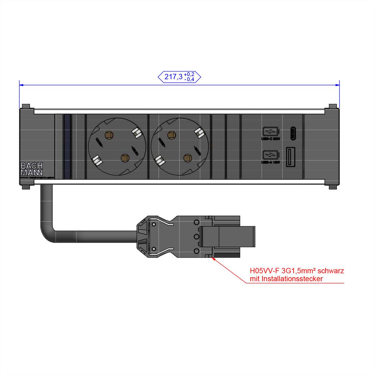 BACHMANN CONI 2x Schutzkontakt 1xUSB A/C 22W, schwarz-1