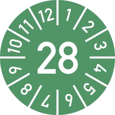 Prüfplakette Jahr 28 mit Monaten, grün, Folie-Spezialkl., Ø 10 mm, 10 St./Bo.-0