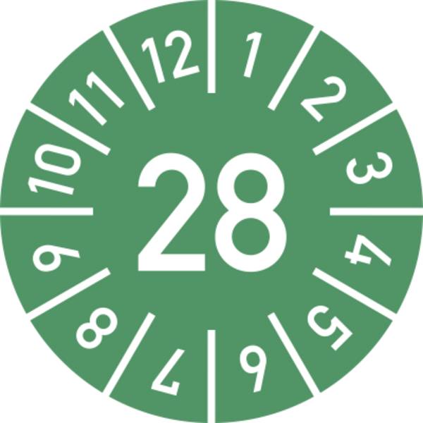 Prüfplakette Jahr 28 mit Monaten, grün, Folie-Spezialkl., Ø 10 mm, 10 St./Bo.