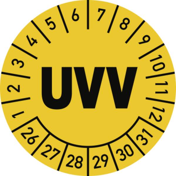 Prüfplakette UVV 2026 - 2031, Folie, Ø 30 mm, 10 Stück/Bogen