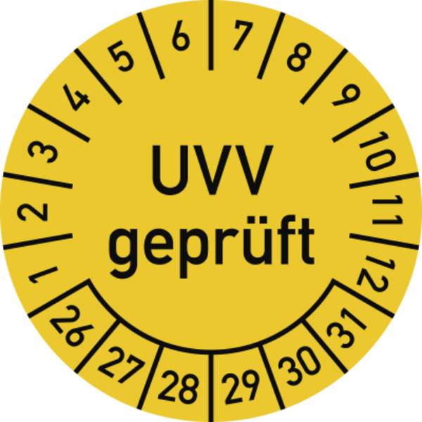Prüfplakette UVV geprüft 2026 - 2031, Folie, Ø 30 mm, 10 Stück/Bogen