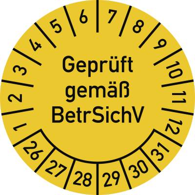 Prüfplakette Geprüft gemäß BetrSichV, 2026-2031, Dokumentenfolie, Ø25 mm, 10 St./Bo.-0
