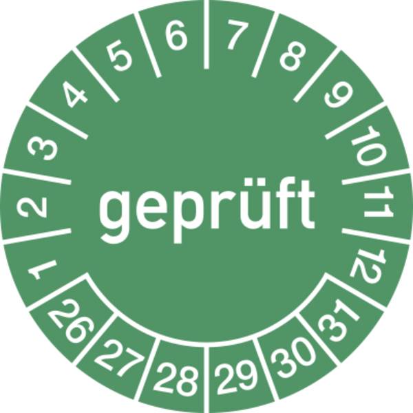 Prüfplakette geprüft 2026 - 2031, Folie, Ø 15 mm, 10 Stück/Bogen